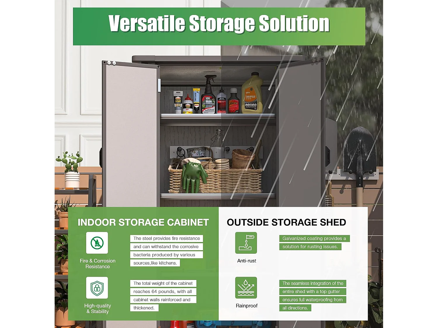 YODOLLA Harz-Außen-Werkzeugschrank wetterfest, 101x59x179cm ertikal hoch Gartenschrank mit verstellbaren Ablagen und verstärktem Boden für draußen, Grau