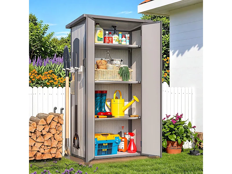 YODOLLA Harz-Außen-Werkzeugschrank wetterfest, 101x59x179cm ertikal hoch Gartenschrank mit verstellbaren Ablagen und verstärktem Boden für draußen, Grau