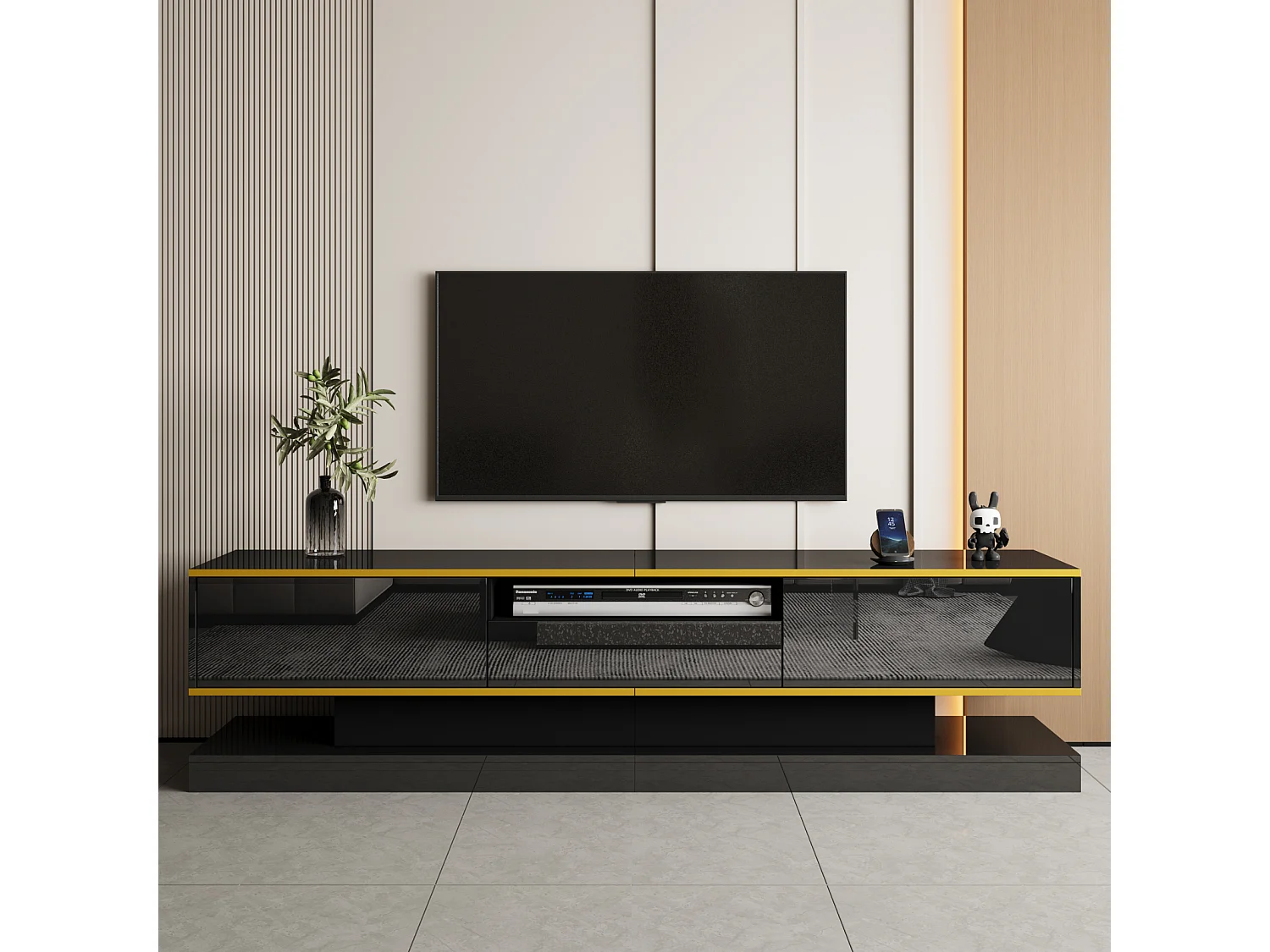 Móvel TV 180 cm com iluminação LED, brilhante com 3 gavetas e compartimento aberto, preto