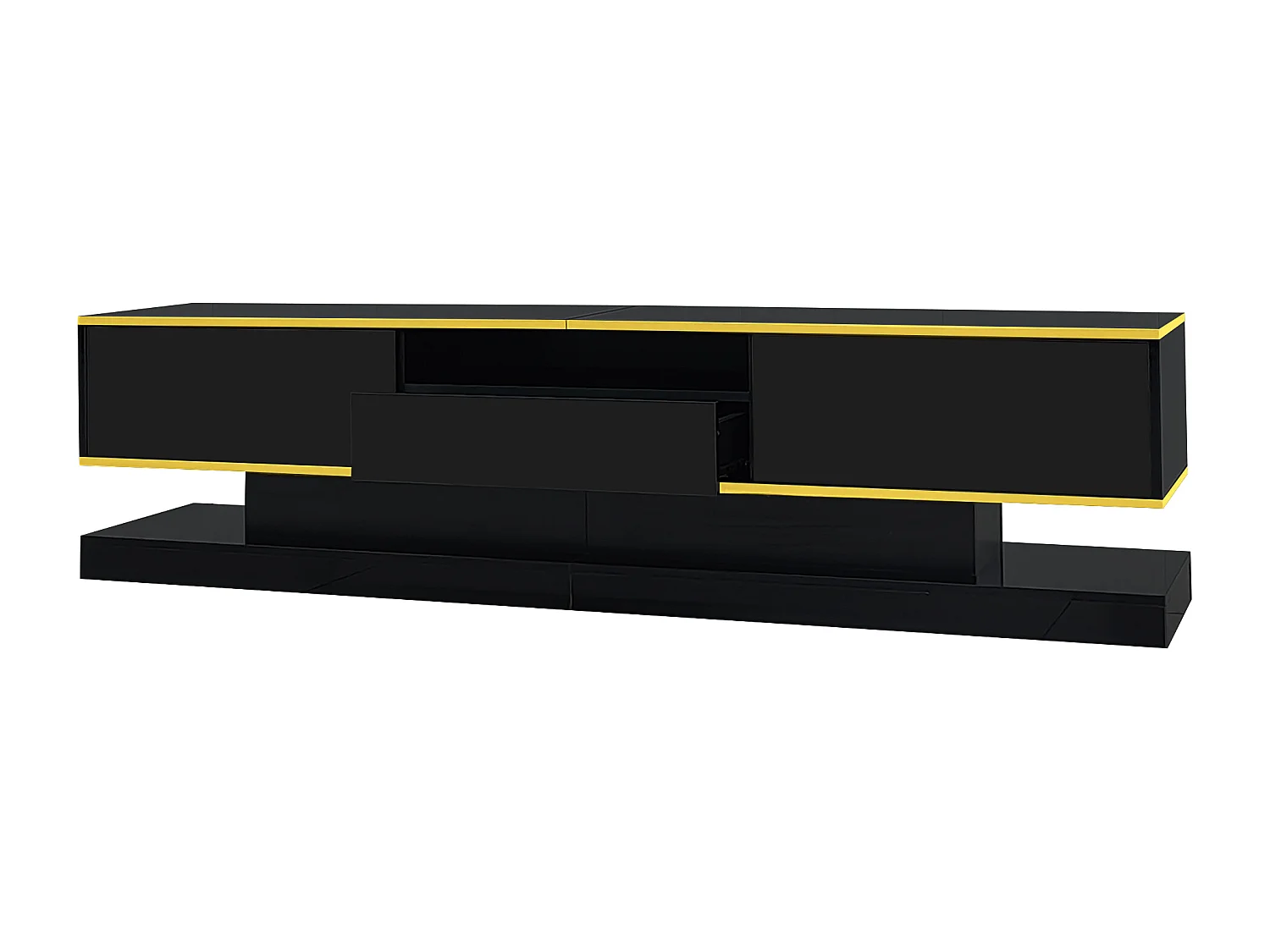 Móvel TV 180 cm com iluminação LED, brilhante com 3 gavetas e compartimento aberto, preto
