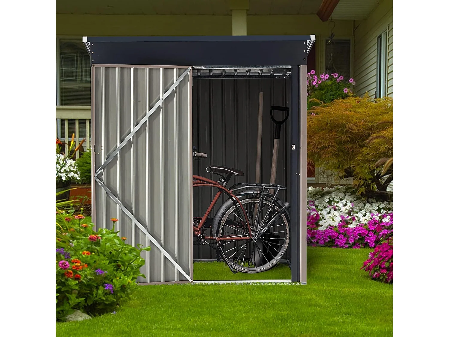 YODOLLA Metall Gerätehaus, 170x95x184cm Geräteschuppen mit abschließbarer Tür, Gebrauchs- und Werkzeugaufbewahrung für Garten, Außenbereich, Terrasse, Grau