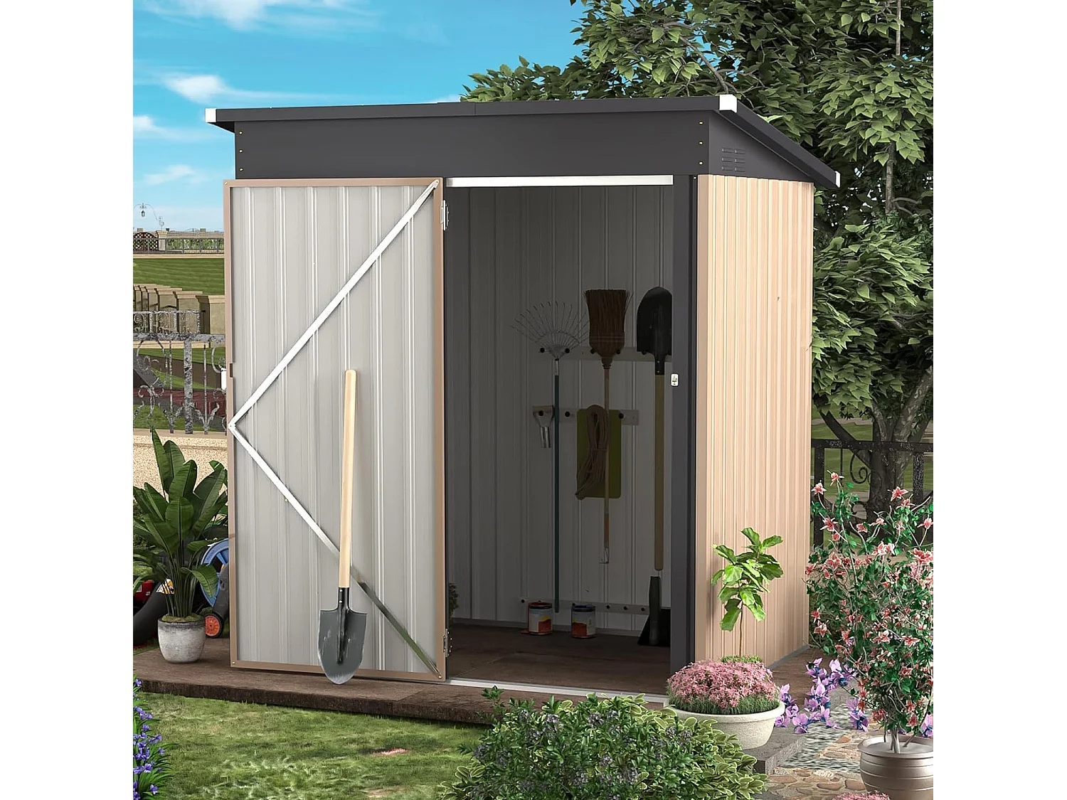 YODOLLA Metall Gerätehaus, 170x95x184cm Geräteschuppen mit abschließbarer Tür, Gebrauchs- und Werkzeugaufbewahrung für Garten, Außenbereich, Terrasse, Grau