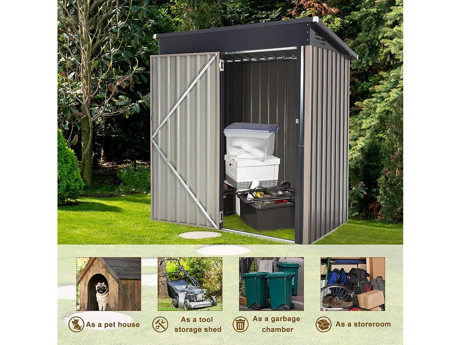 YODOLLA Metall Gerätehaus, 170x95x184cm Geräteschuppen mit abschließbarer Tür, Gebrauchs- und Werkzeugaufbewahrung für Garten, Außenbereich, Terrasse, Grau