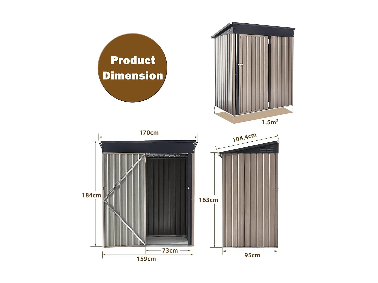 YODOLLA Metall Gerätehaus, 170x95x184cm Geräteschuppen mit abschließbarer Tür, Gebrauchs- und Werkzeugaufbewahrung für Garten, Außenbereich, Terrasse, Grau