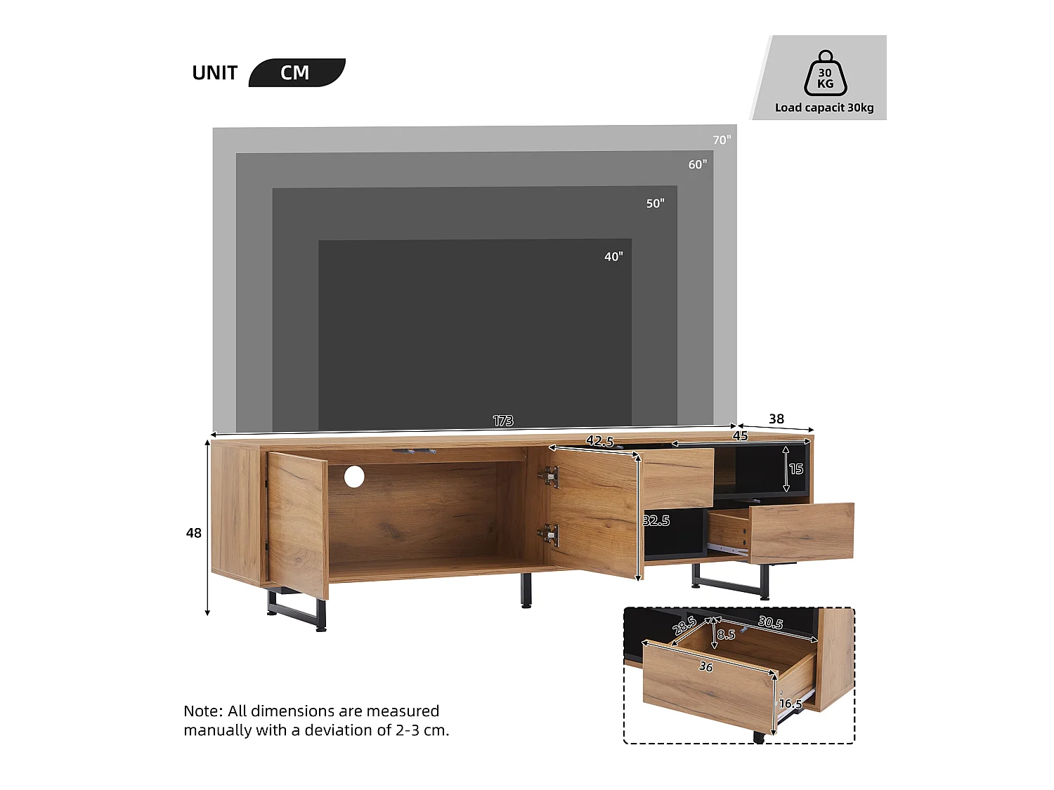 Meuble TV 170 Bois, Portes et Tiroirs, Compartiments, pour Téléviseurs de 70 Pouces