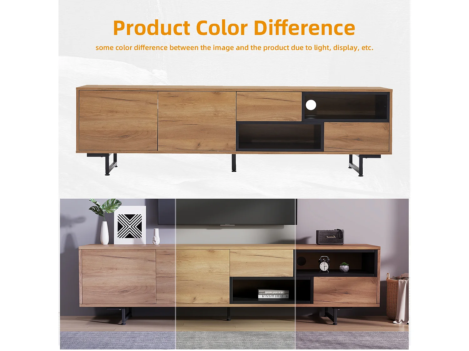 Armário de TV de madeira 170, 2 portas, 2 gavetas e 2 compartimentos, armário de TV baixo para sala de estar