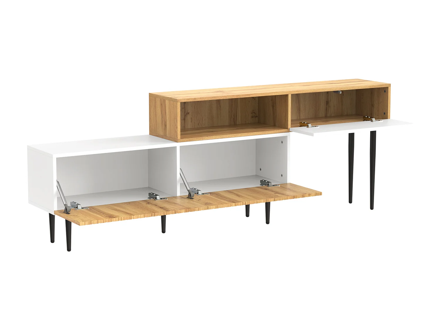 Meuble TV avec longueur réglable, aspect bois, avec pieds en métal noir pour le salon, Bois + Blanc