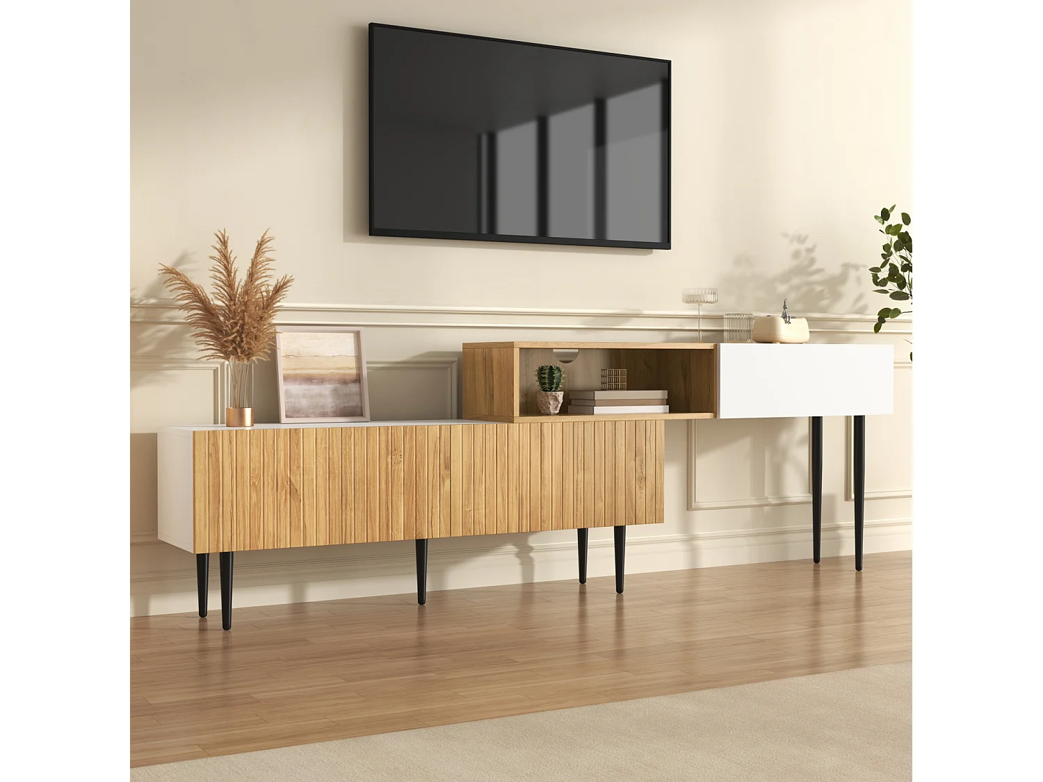 Suporte para TV com altura ajustável, acabamento em madeira e pés de metal preto para sala de estar, Madeira + Branco