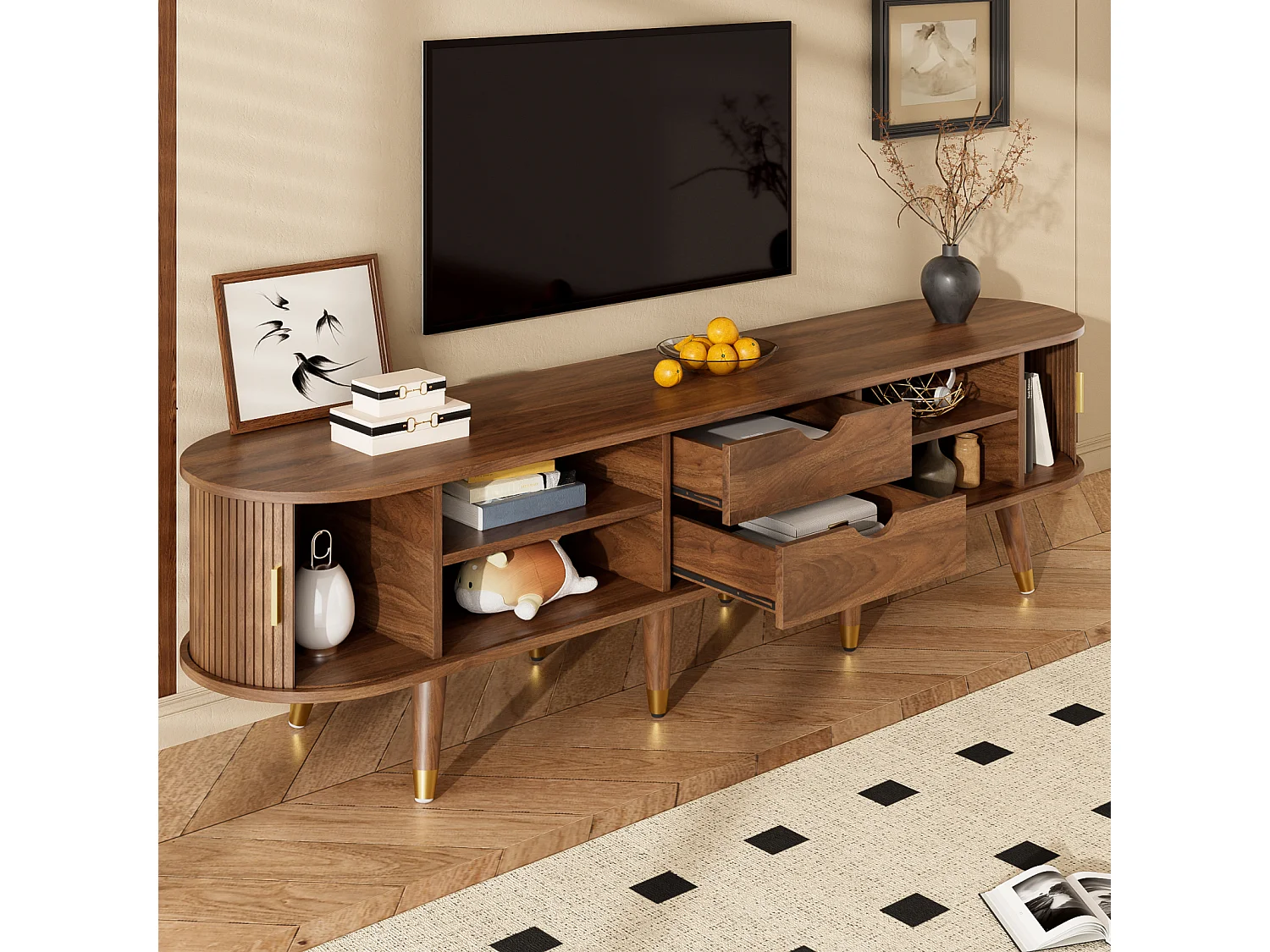 Laag tv-meubel met 2 schuifdeuren en 2 lades, voor woonkamer of slaapkamer, houtkleur.