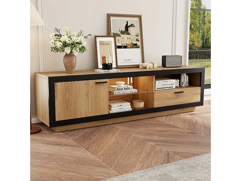 Mueble de TV LED moderno con estantes de vidrio - Negro + Roble - Mueble de TV con espacio de almacenamiento