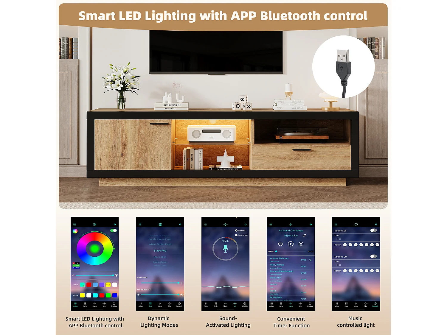 Mueble de TV LED moderno con estantes de vidrio - Negro + Roble - Mueble de TV con espacio de almacenamiento