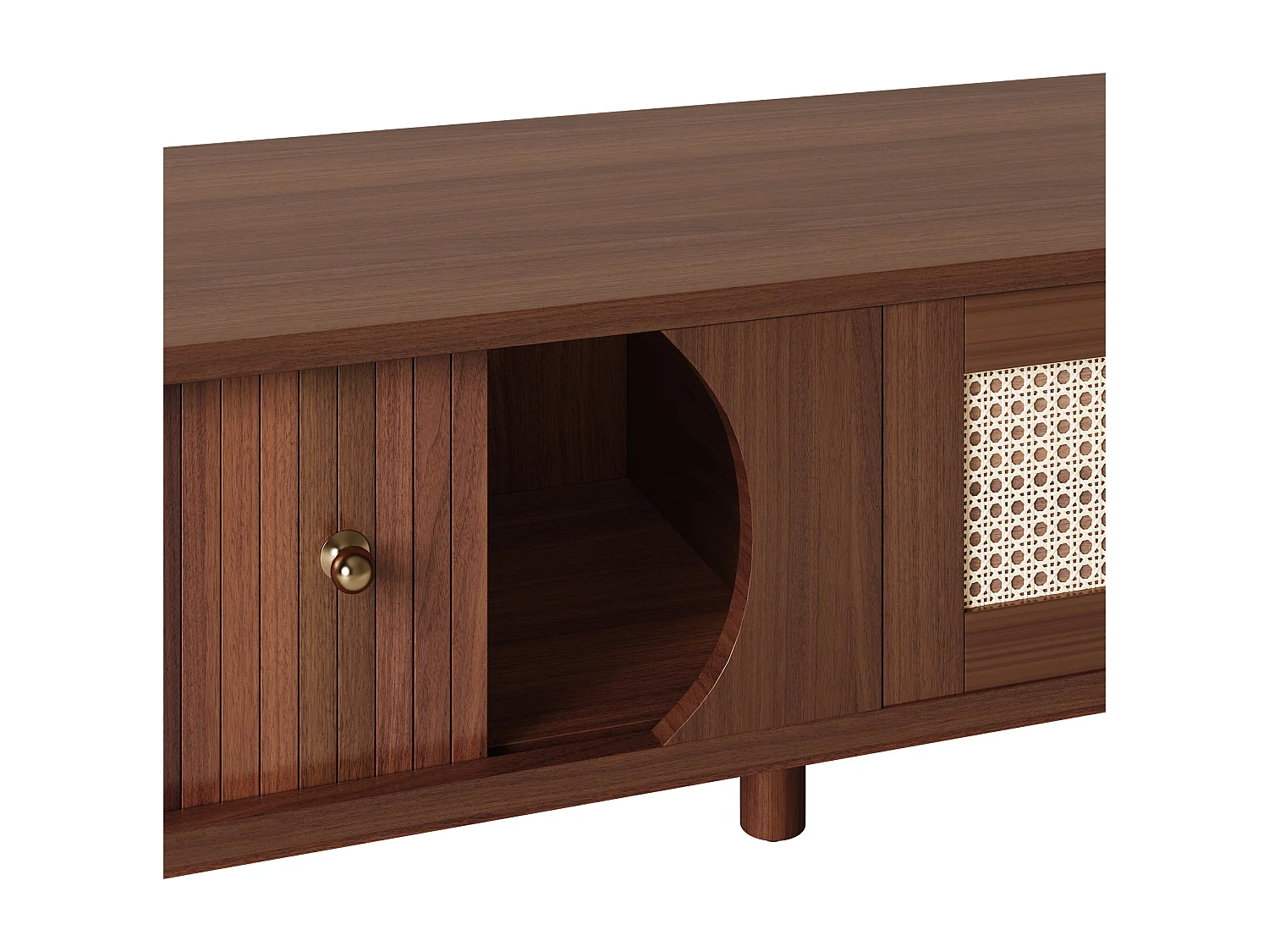 Mueble de TV – 170 x 39,5 x 38 cm – Mueble de TV con 2 puertas de madera natural y 1 cajón de ratán