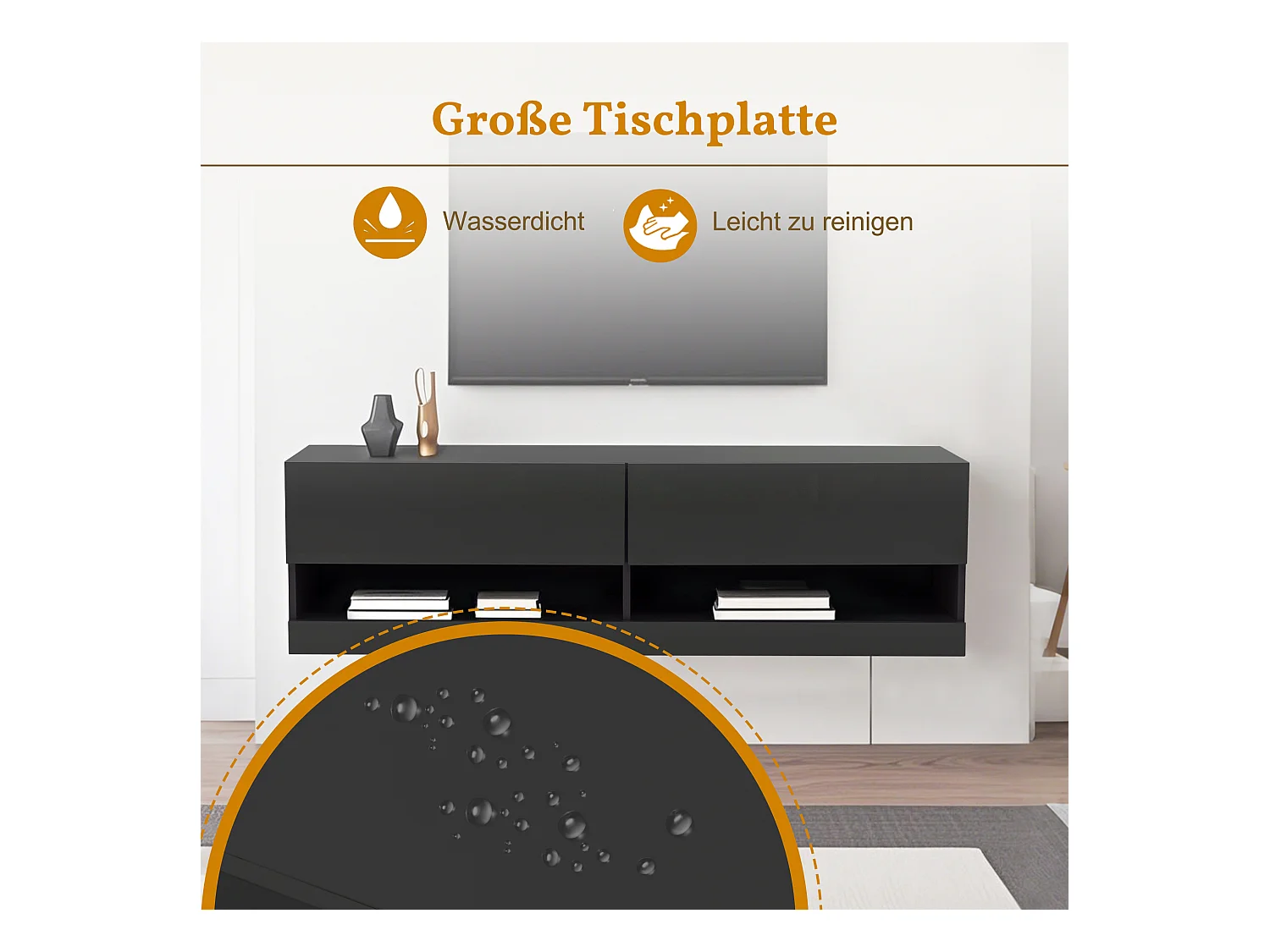 Meuble TV avec éclairage, 7 couleurs réglables, meuble TV à suspendre, noir, 140 x 35 x 40 cm