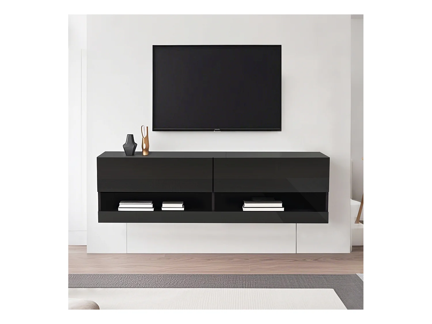 Mueble de TV con iluminación, 7 colores regulables, mueble de TV colgante, negro, 140 x 35 x 40 cm