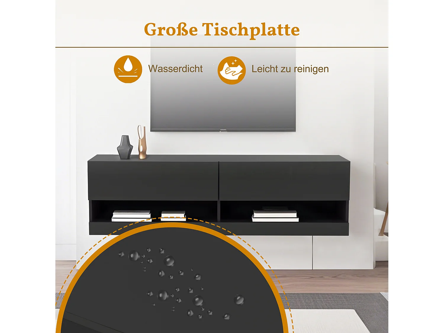 Meuble TV avec éclairage, 7 couleurs réglables, meuble TV à suspendre, noir, 140 x 35 x 40 cm