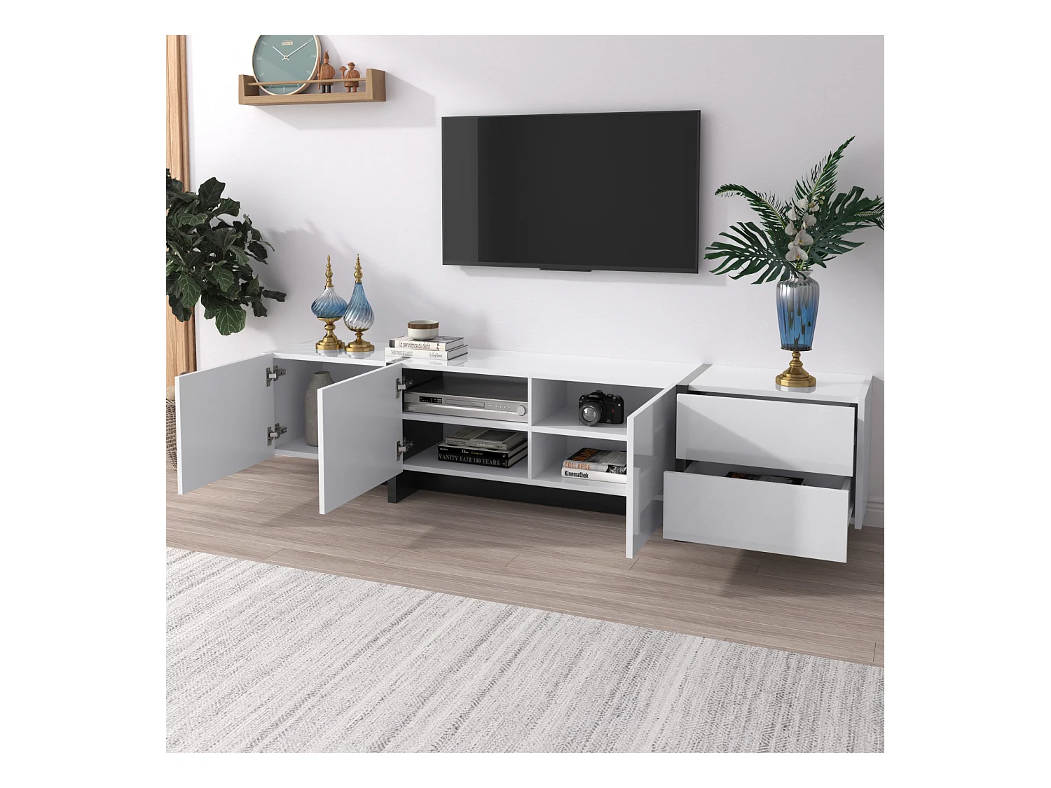 Móvel de TV moderno, Móvel com 2 gavetas e 3 portas, Móvel multifuncional com prateleiras, Branco