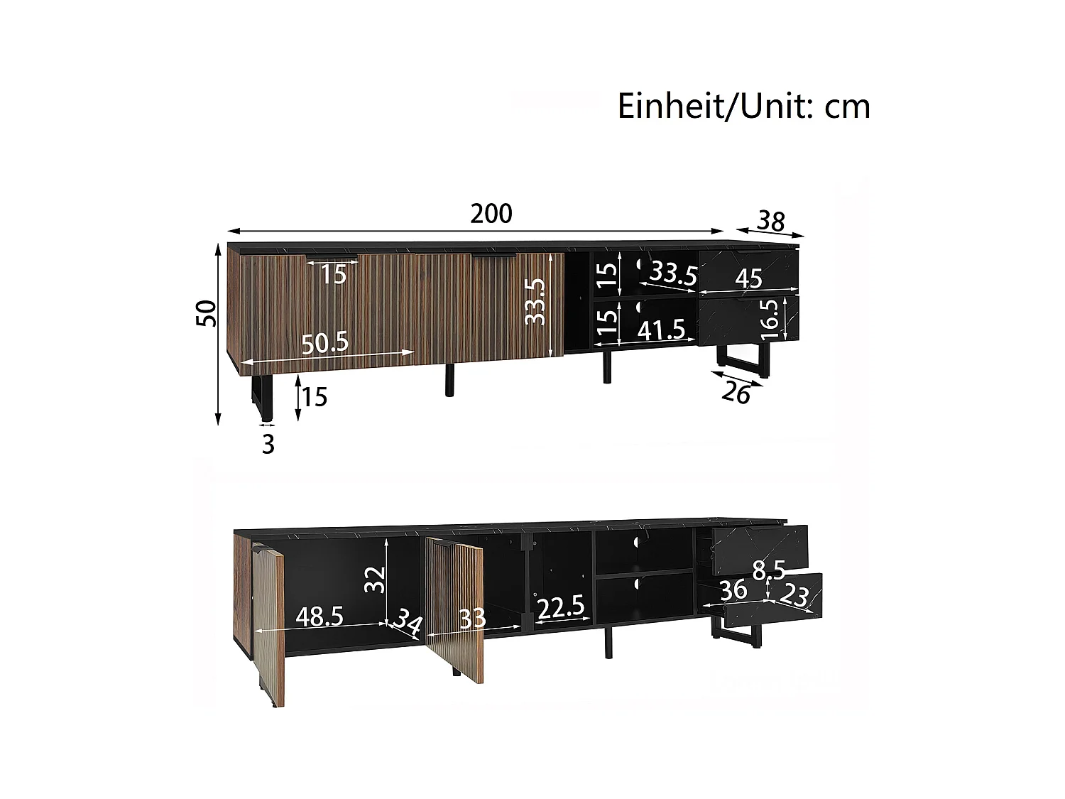 Móvel de TV 200 x 38 x 50 cm, portas em madeira escura, LED ajustável, 2 portas e 2 gavetas
