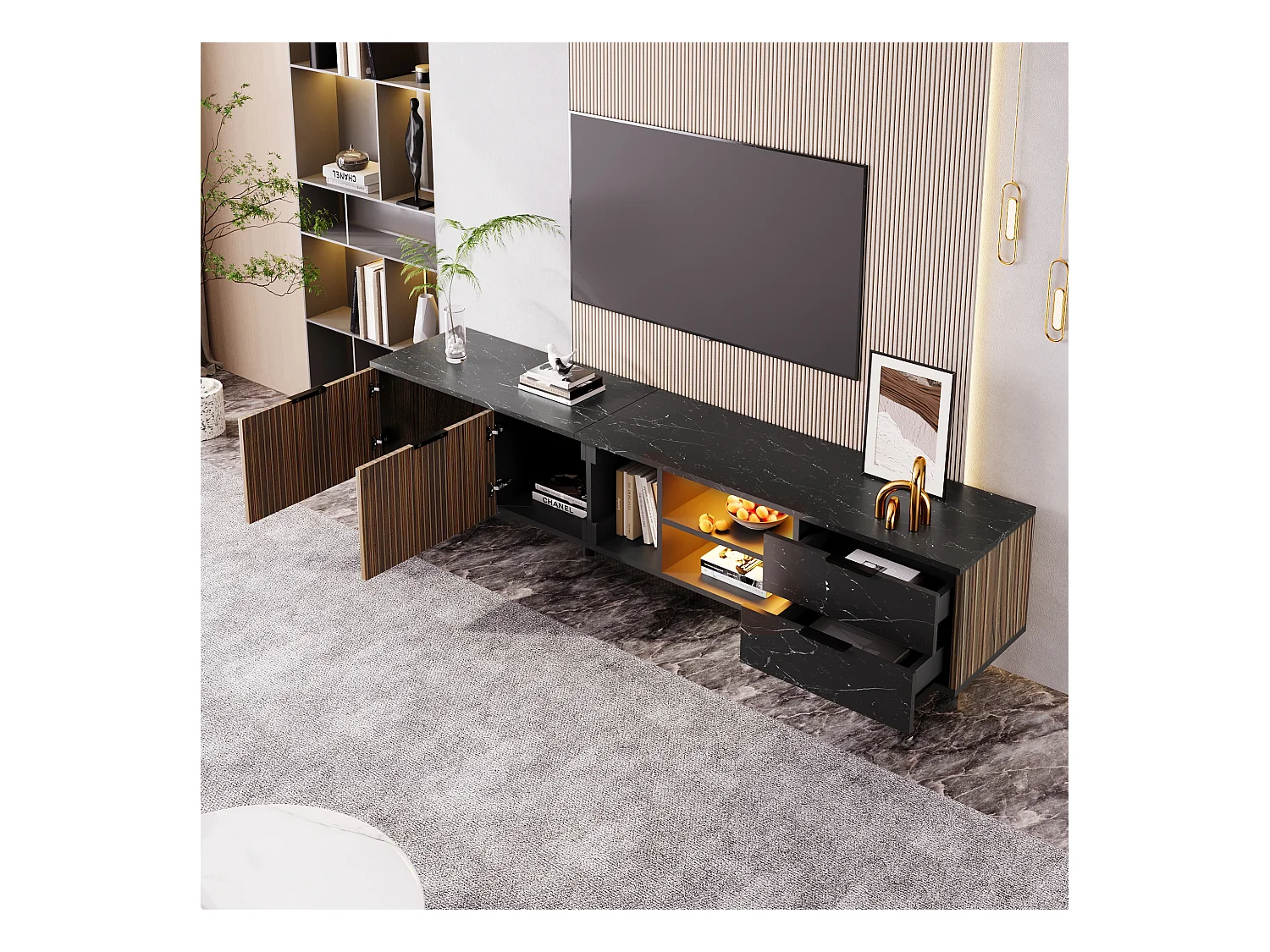 Móvel de TV 200 x 38 x 50 cm, portas em madeira escura, LED ajustável, 2 portas e 2 gavetas