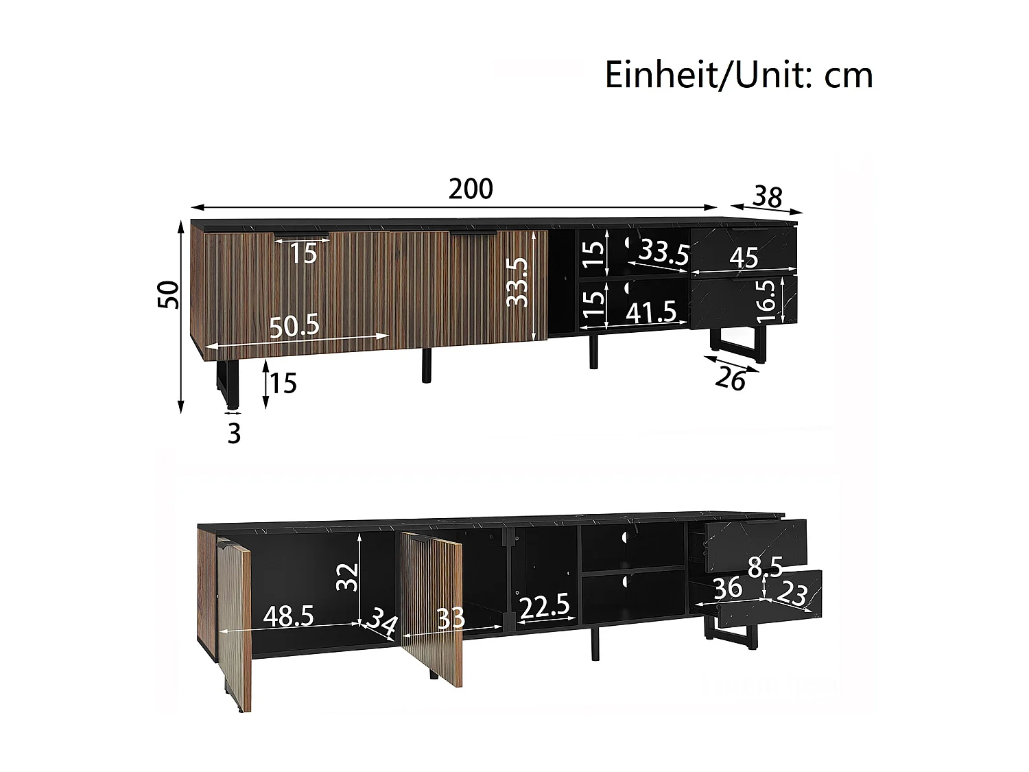 Mueble de TV, aspecto mármol negro, iluminación LED, dos puertas, dos cajones, MDF, 200 x 38 x 50 cm