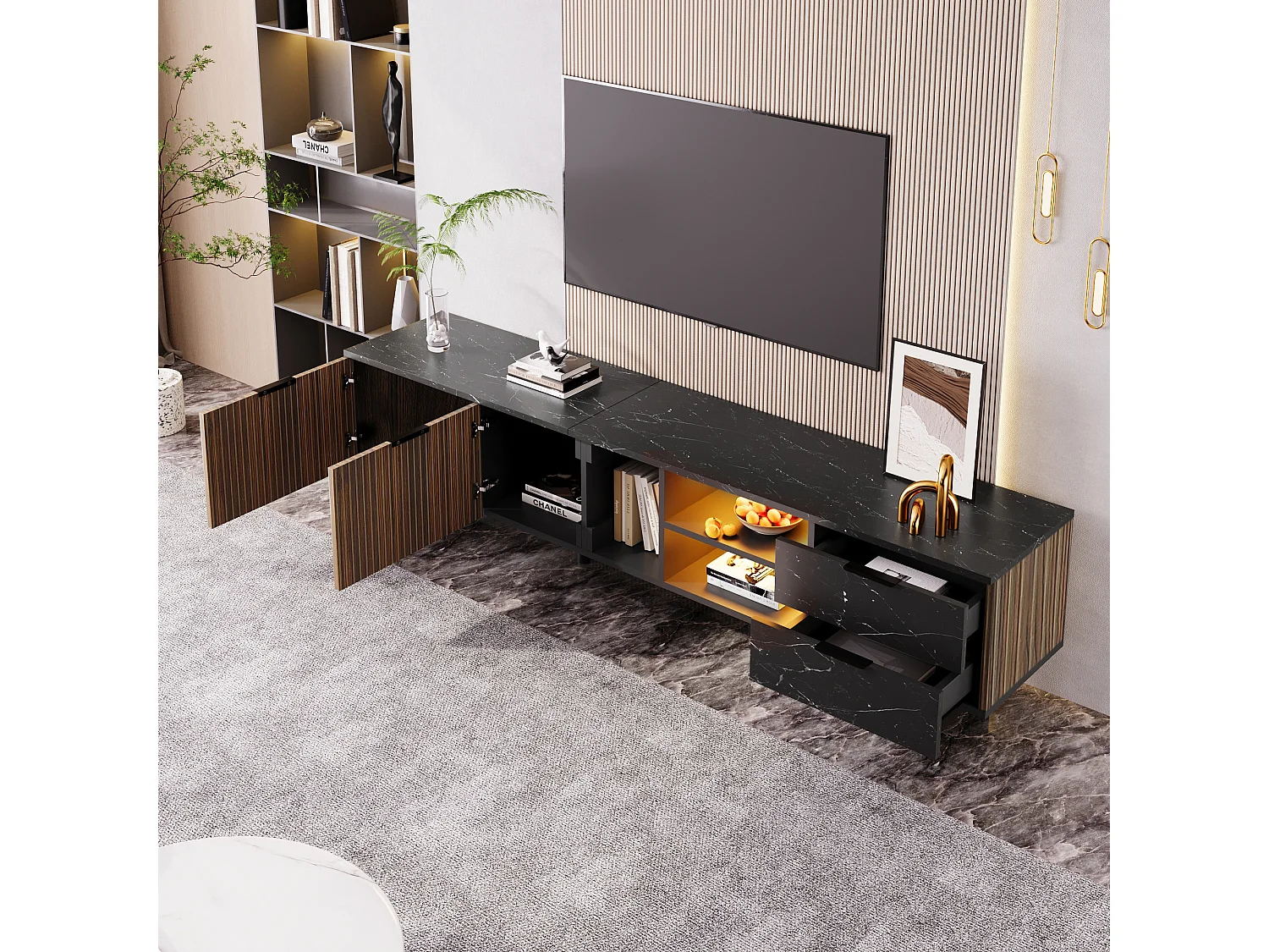 Mueble de TV, aspecto mármol negro, iluminación LED, dos puertas, dos cajones, MDF, 200 x 38 x 50 cm