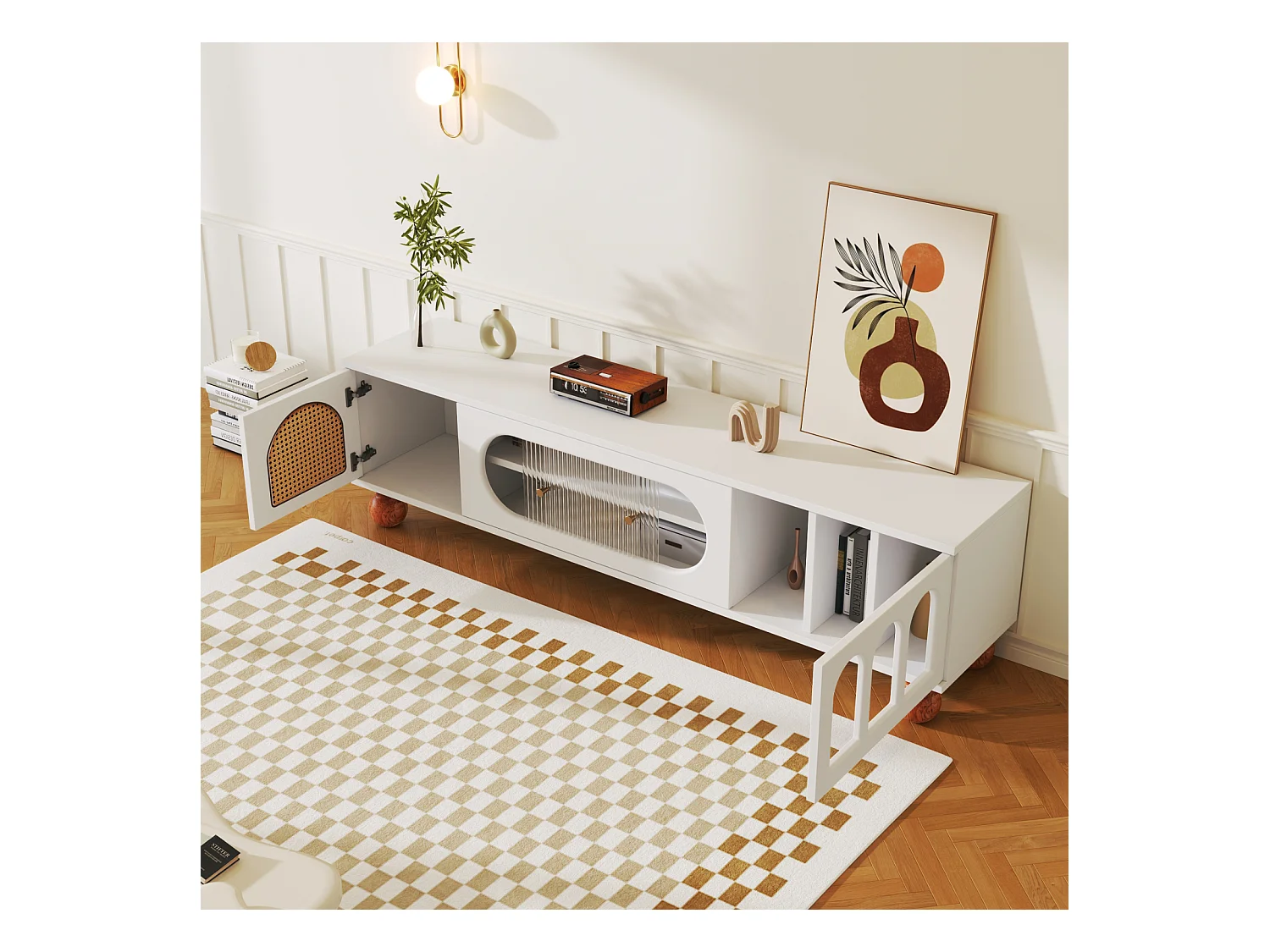 Meuble TV bas avec porte en rotin et porte coulissante en verre pour salon et salle à manger, Blanc