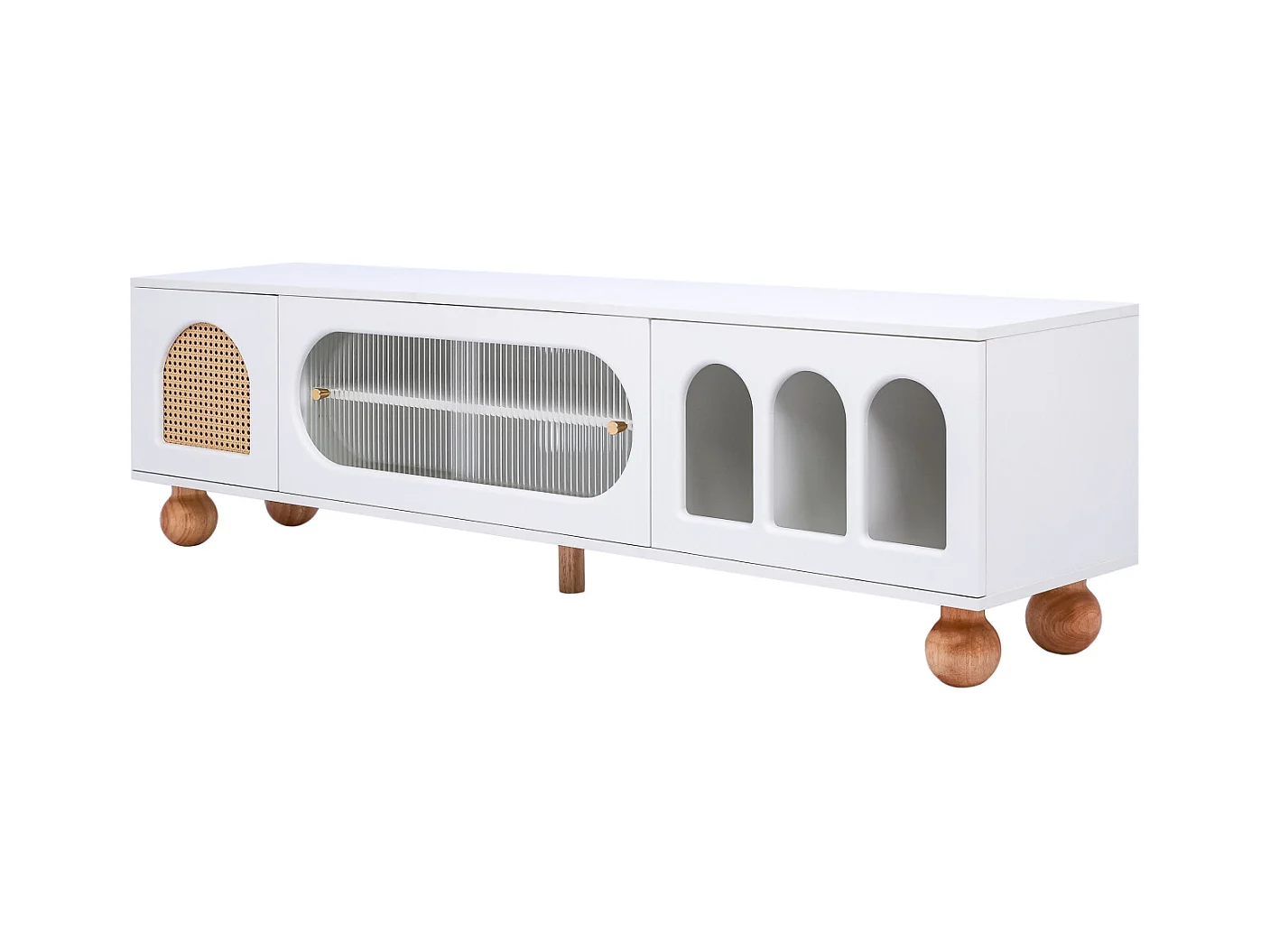 Meuble TV bas avec porte en rotin et porte coulissante en verre pour salon et salle à manger, Blanc