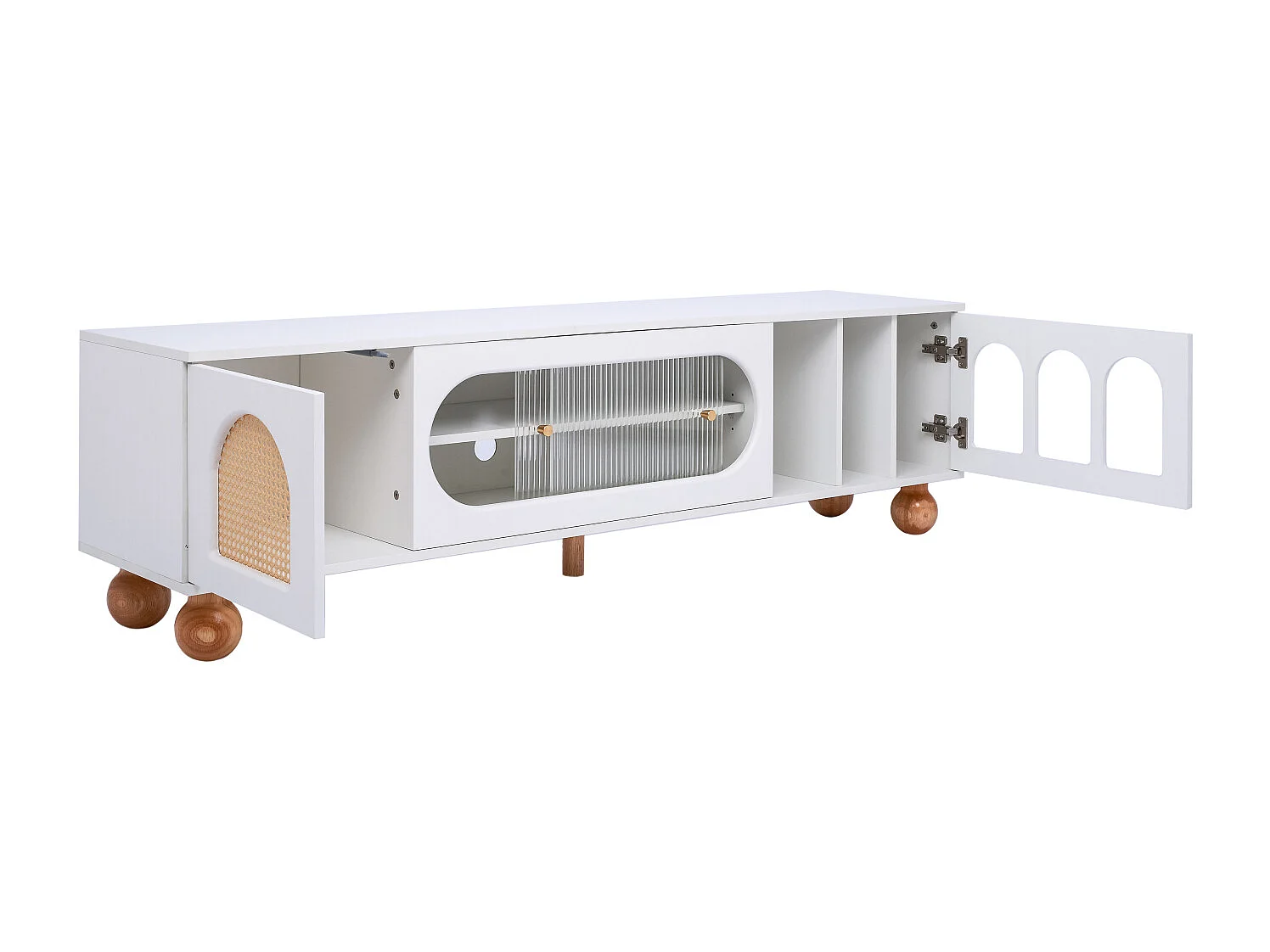 Meuble TV bas avec porte en rotin et porte coulissante en verre pour salon et salle à manger, Blanc