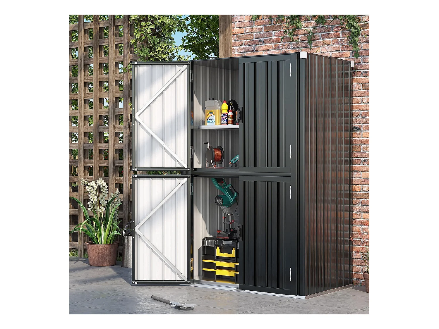 YODOLLA Gartenschrank mit verstellbaren Einlegeböden | Wetterfester Außenschrank | Metall-Garagenschrank| 118x76x178cm, Grau