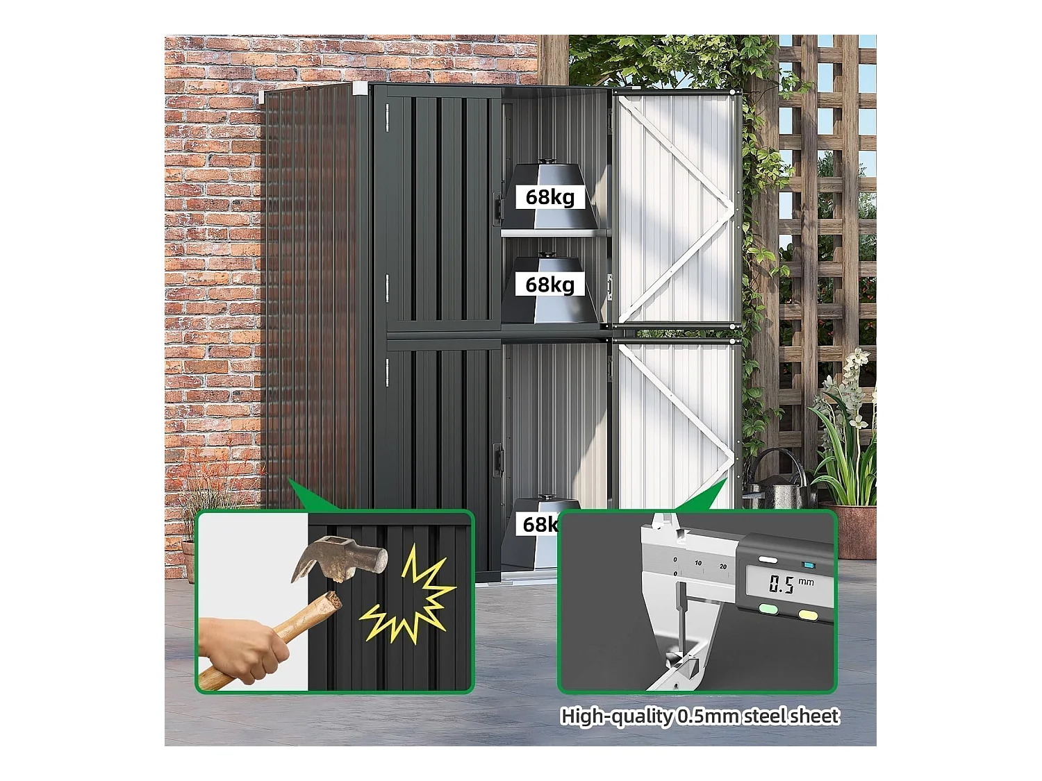 YODOLLA Gartenschrank mit verstellbaren Einlegeböden | Wetterfester Außenschrank | Metall-Garagenschrank| 118x76x178cm, Grau