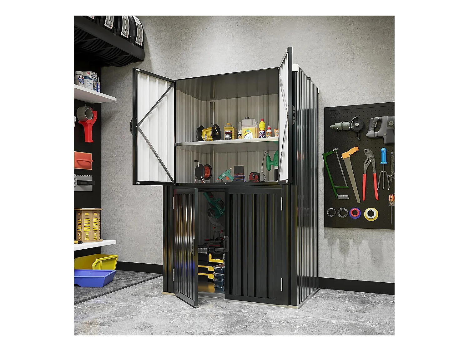 YODOLLA Gartenschrank mit verstellbaren Einlegeböden | Wetterfester Außenschrank | Metall-Garagenschrank| 118x76x178cm, Grau