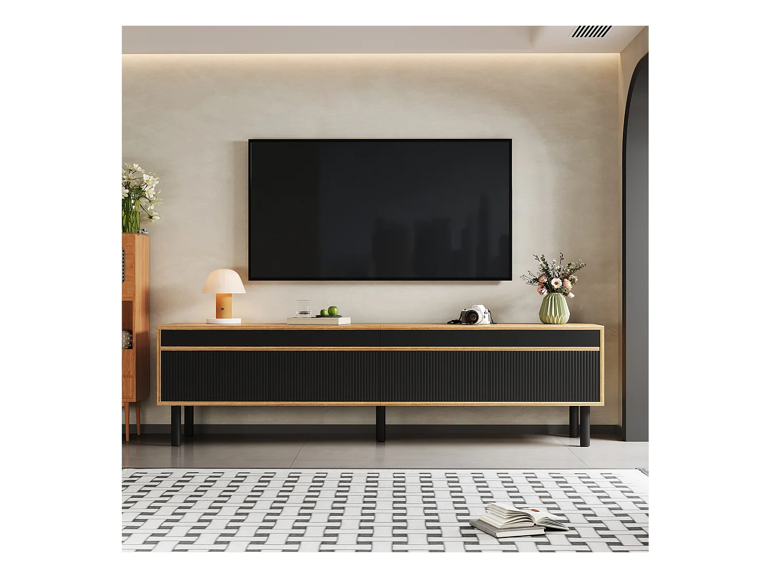 Mueble de TV de 4 puertas con patas de madera maciza para salón y dormitorio, 170 x 38 x 47 cm, color negro y natural.