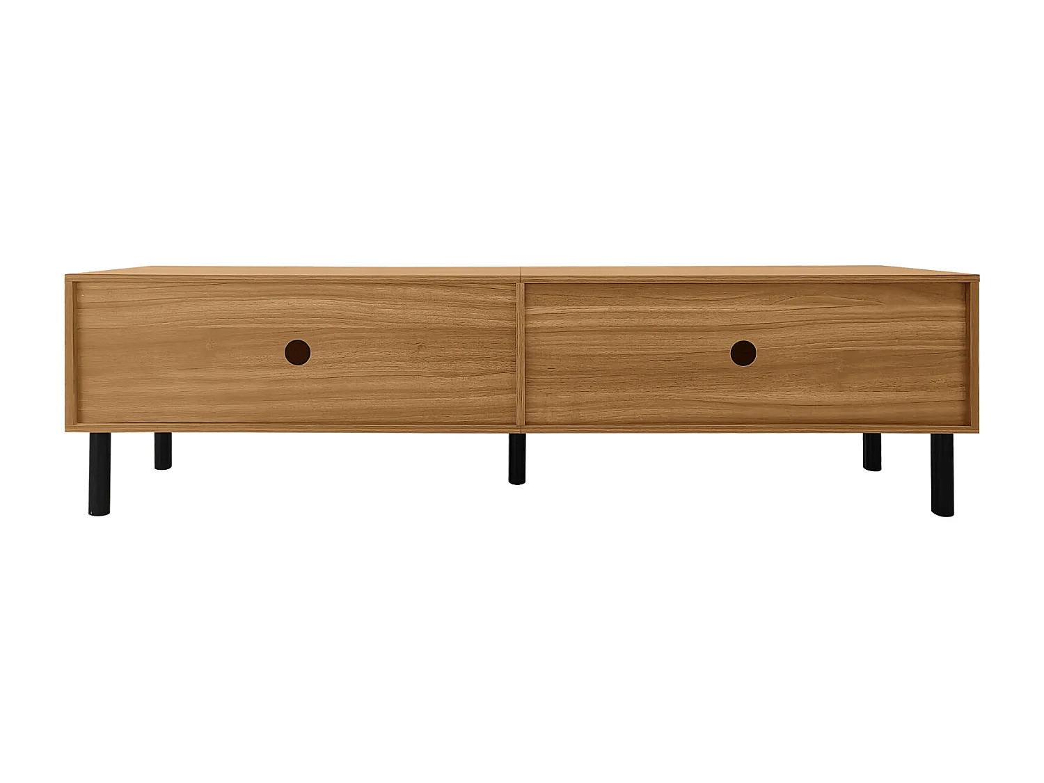 Mueble de TV de 4 puertas con patas de madera maciza para salón y dormitorio, 170 x 38 x 47 cm, color negro y natural.