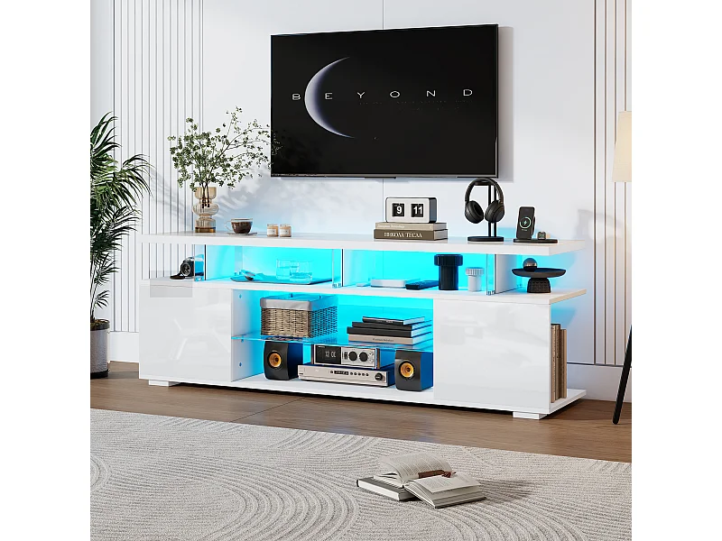 Mueble de TV moderno blanco con iluminación LED, amplio espacio de almacenamiento, 150 x 40 x 53 cm, para TV de 60 pulgadas