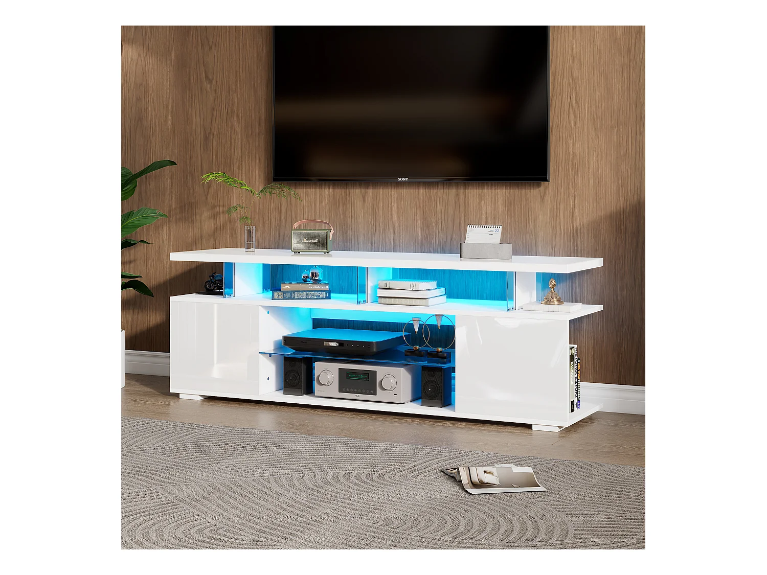 Meuble TV Moderne Blanc avec Eclairage LED, Rangement Suffisant, 150x40x53 cm,  pour TV de 60 Pouces