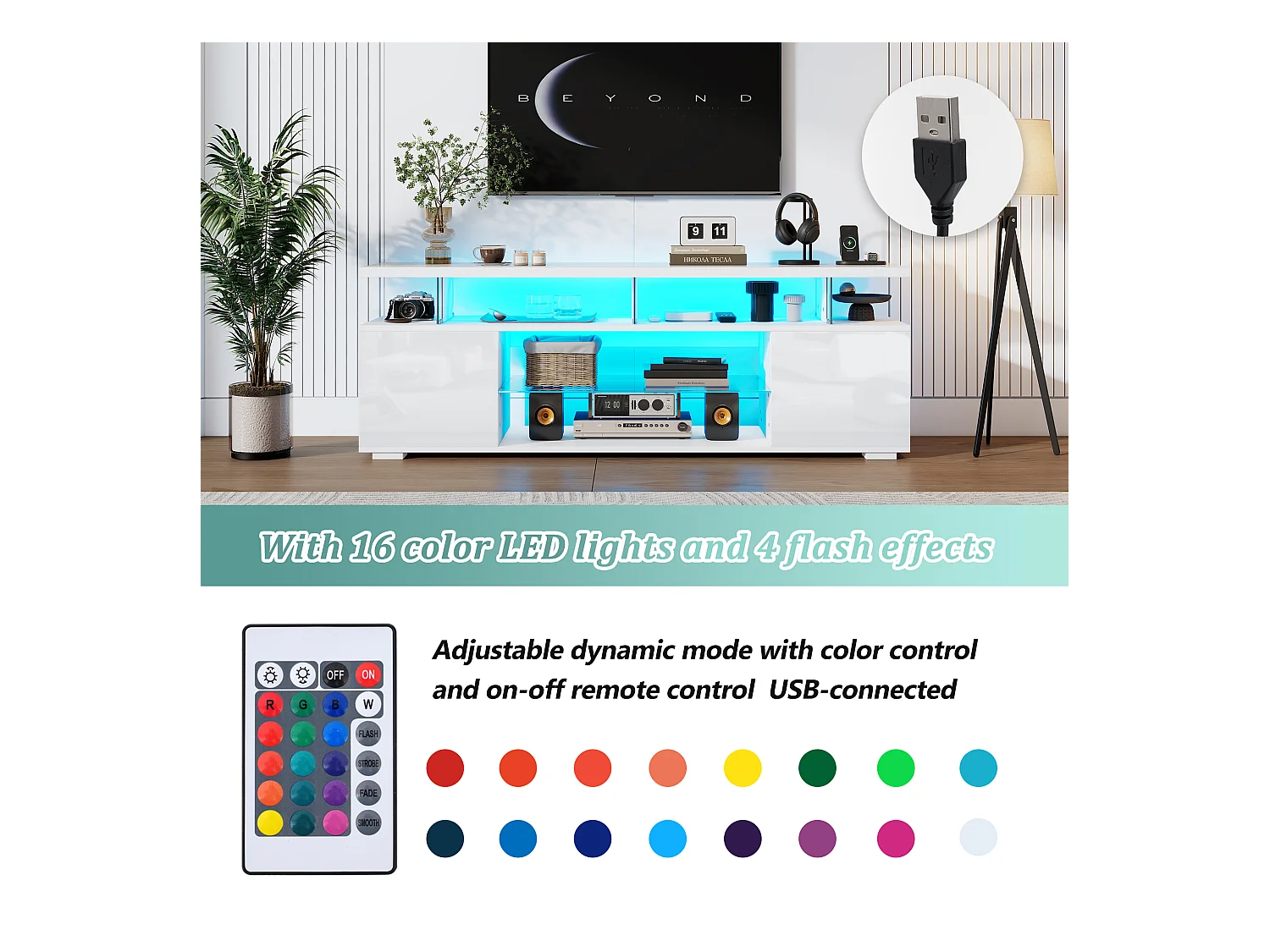 Meuble TV Moderne Blanc avec Eclairage LED, Rangement Suffisant, 150x40x53 cm,  pour TV de 60 Pouces