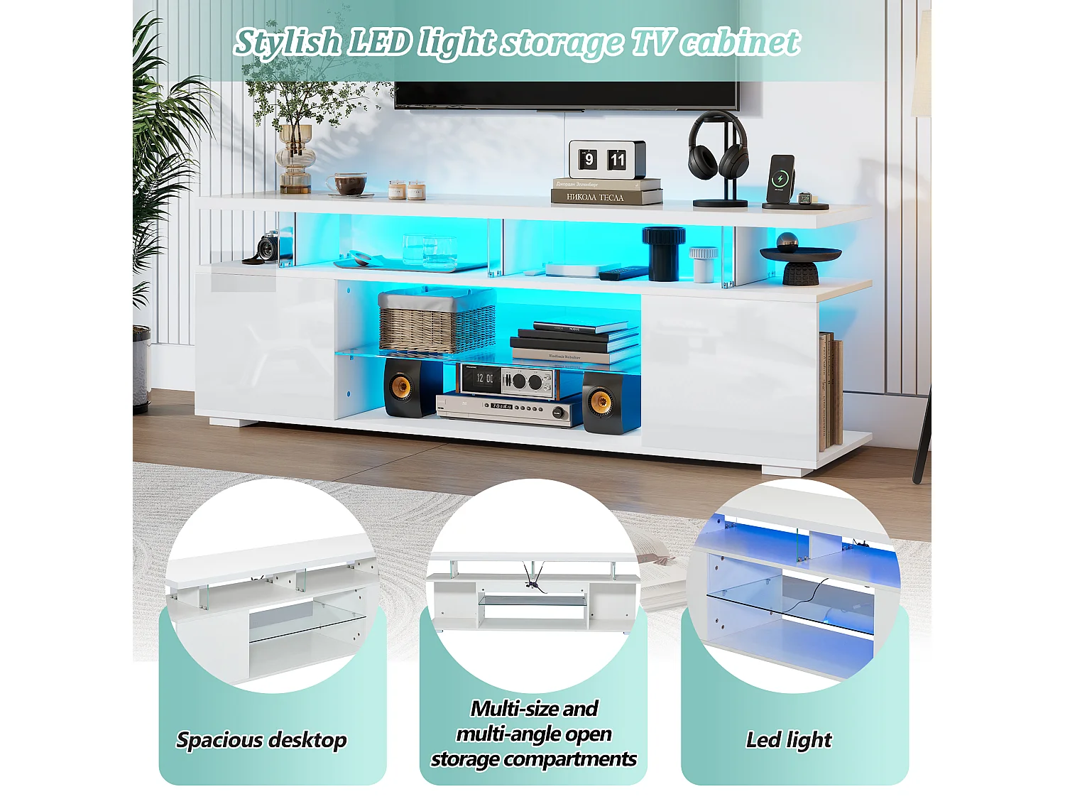 Meuble TV Moderne Blanc avec Eclairage LED, Rangement Suffisant, 150x40x53 cm,  pour TV de 60 Pouces