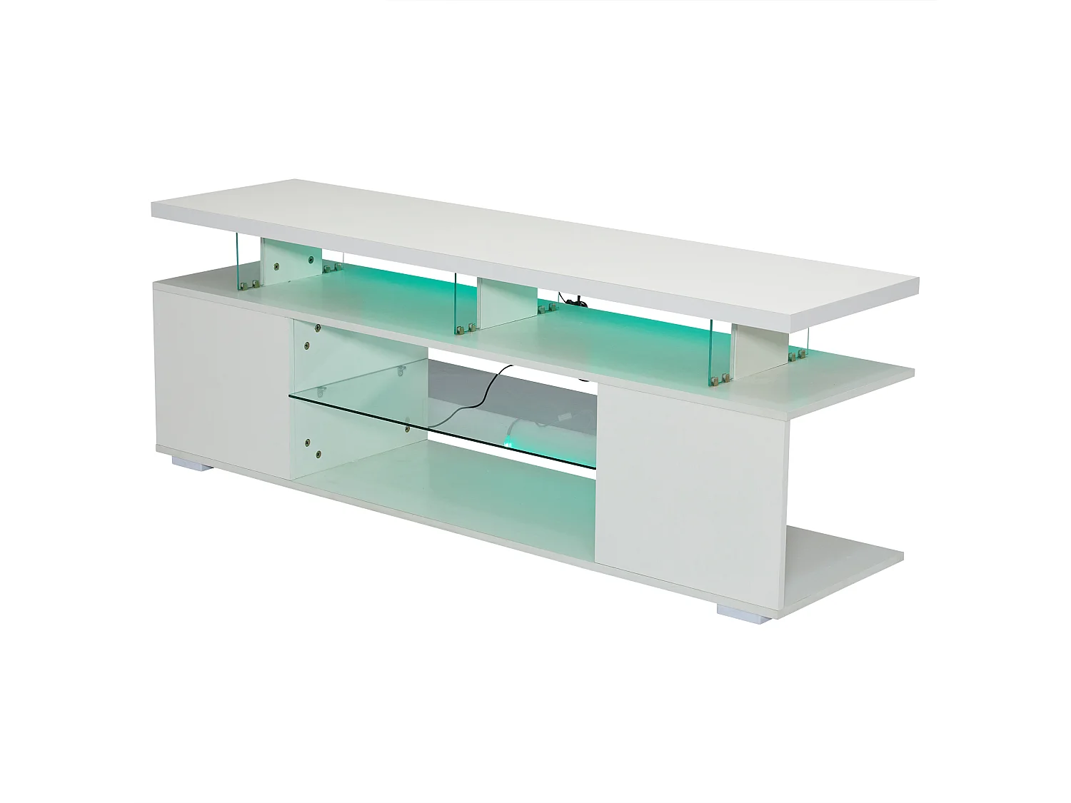 Meuble TV Moderne Blanc avec Eclairage LED, Rangement Suffisant, 150x40x53 cm,  pour TV de 60 Pouces