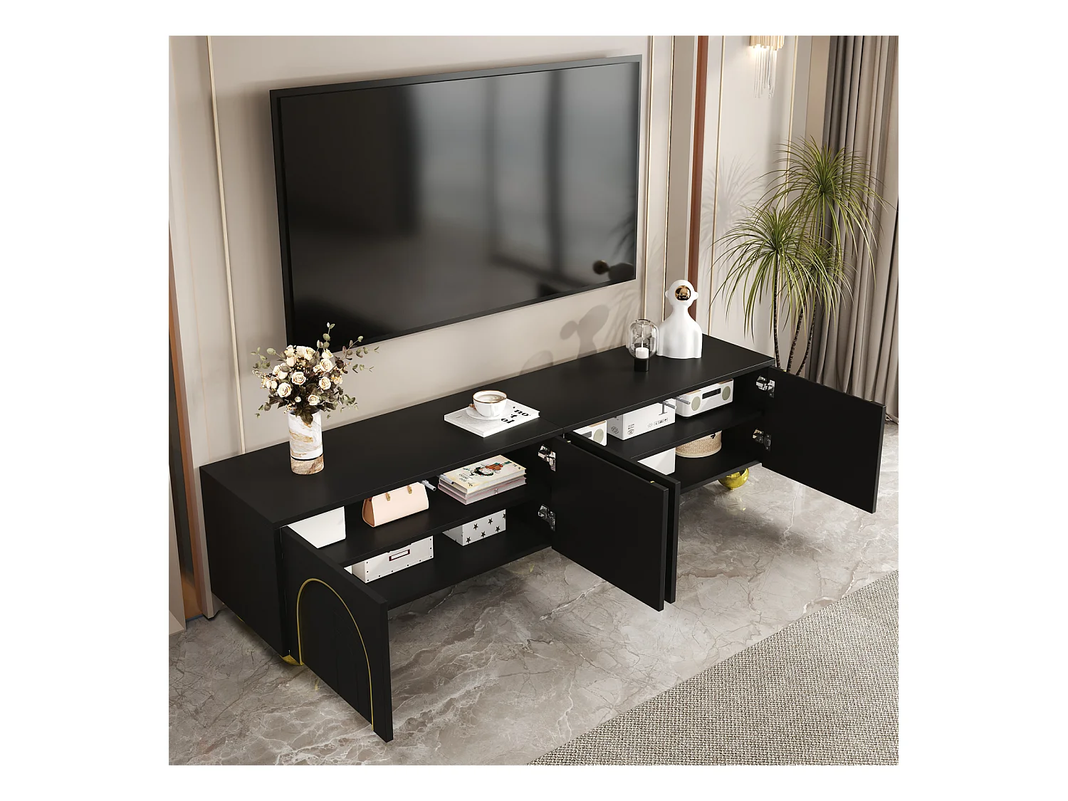 Móvel de TV preto moderno com armazenamento, armários baixos com 4 portas e pernas redondas douradas, preto + dourado