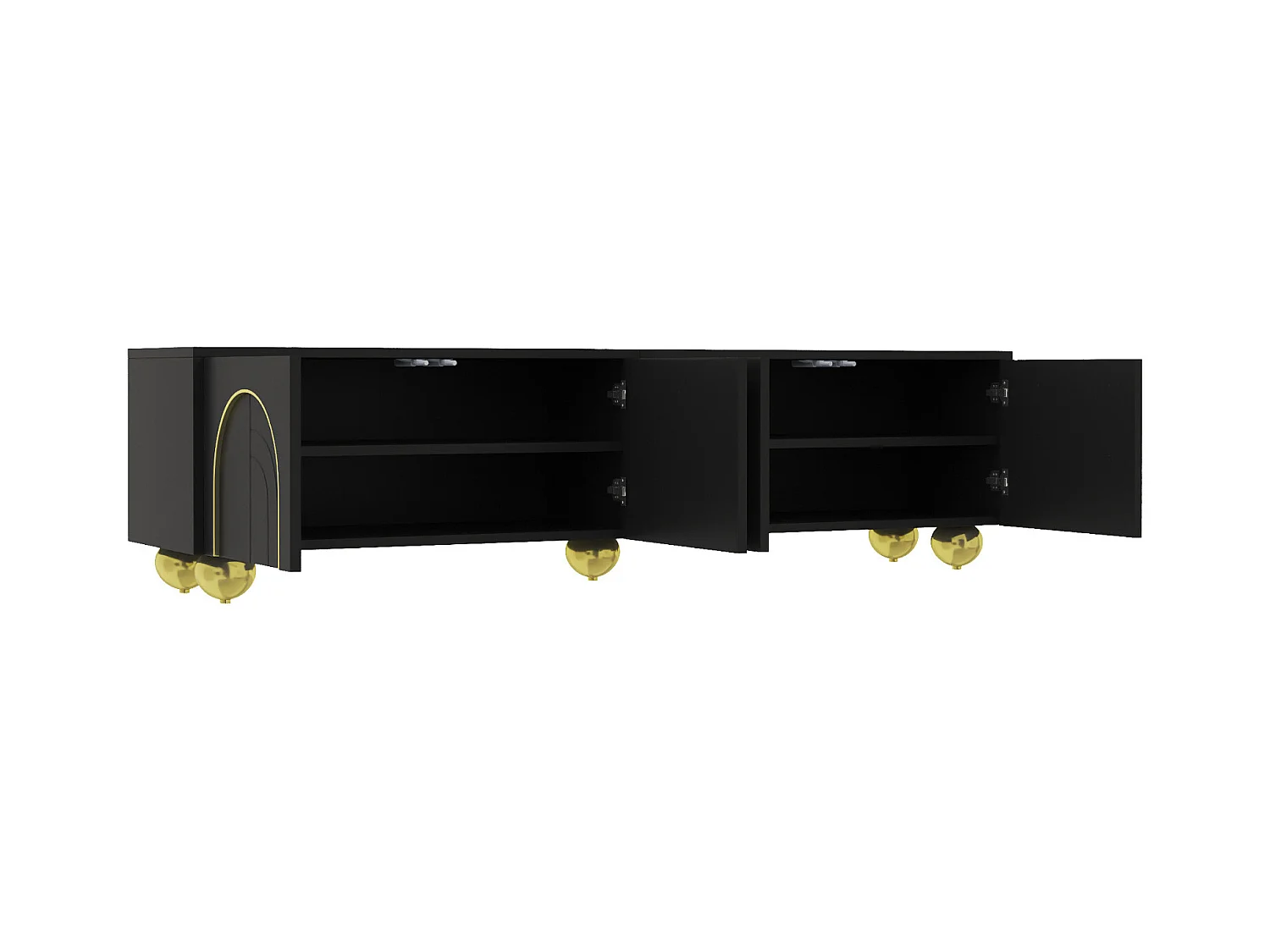 Móvel de TV preto moderno com armazenamento, armários baixos com 4 portas e pernas redondas douradas, preto + dourado