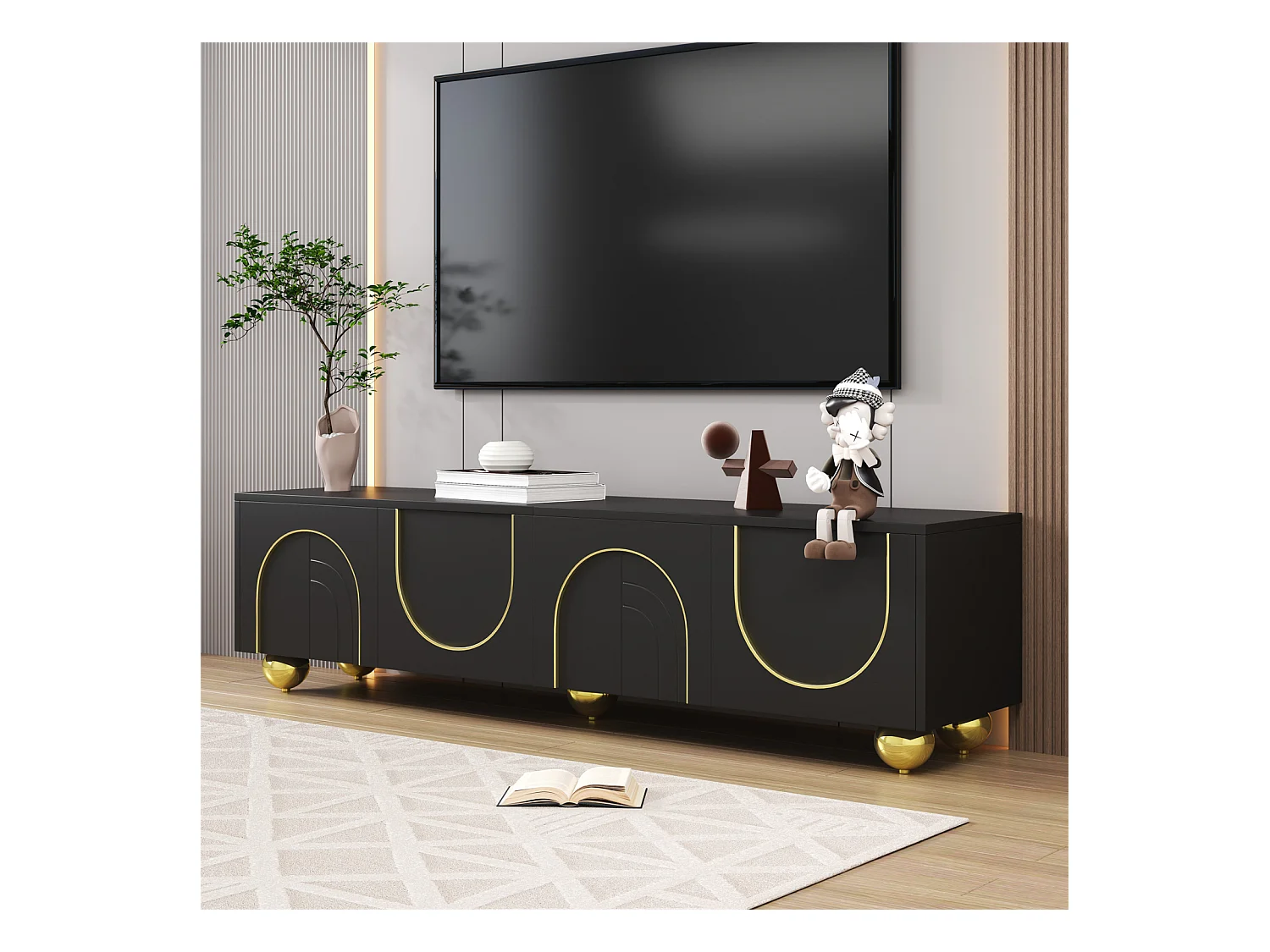 Mueble de TV con espacio de almacenamiento, 4 puertas, organizador con patas redondas doradas, color negro