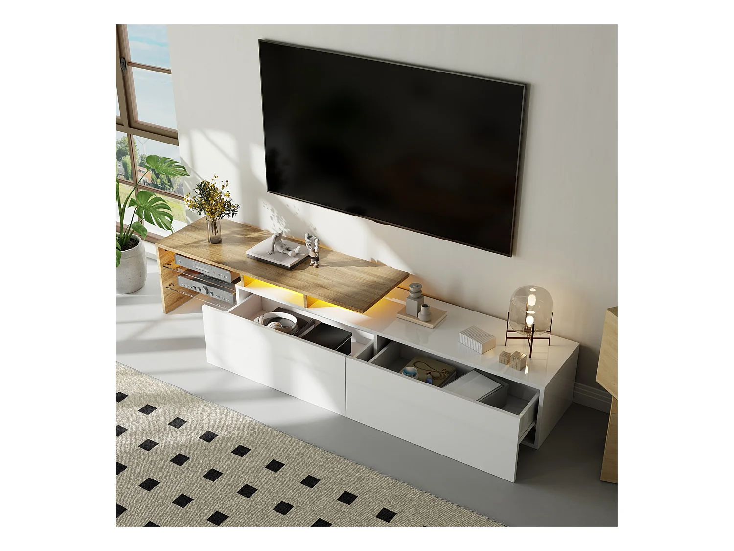 Meuble TV Moderne,  Espace de Rangement Pratique, Effet Bois TV Table, étagères en Verre, LED, Blanc