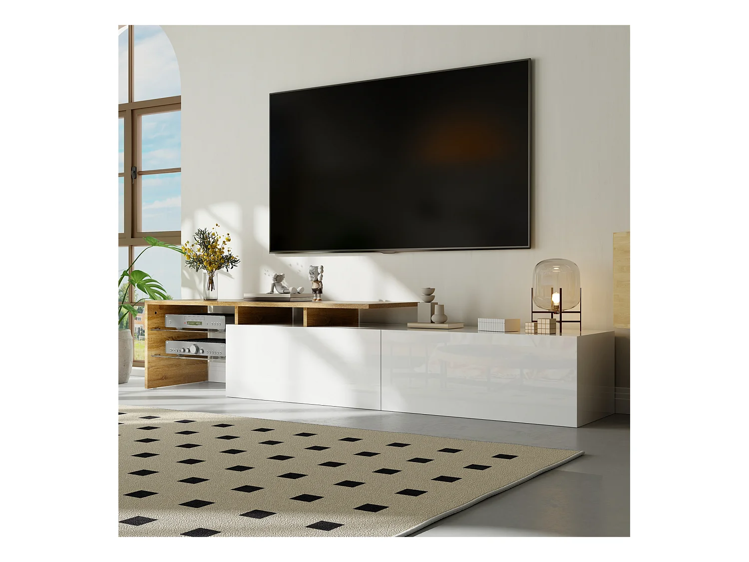 Meuble TV Moderne,  Espace de Rangement Pratique, Effet Bois TV Table, étagères en Verre, LED, Blanc