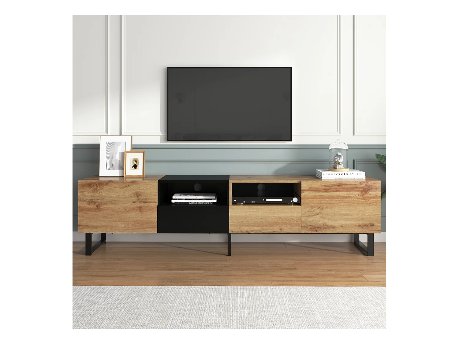 Meuble TV Bois, 2 Portes et 2 Tiroirs, Rangement pour Salon Chambre, 190x38x48 cm, Bois et Noir