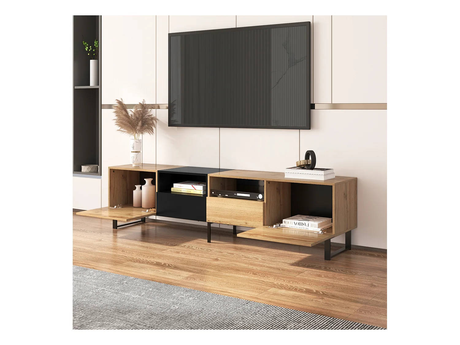 Meuble TV Bois, 2 Portes et 2 Tiroirs, Rangement pour Salon Chambre, 190x38x48 cm, Bois et Noir