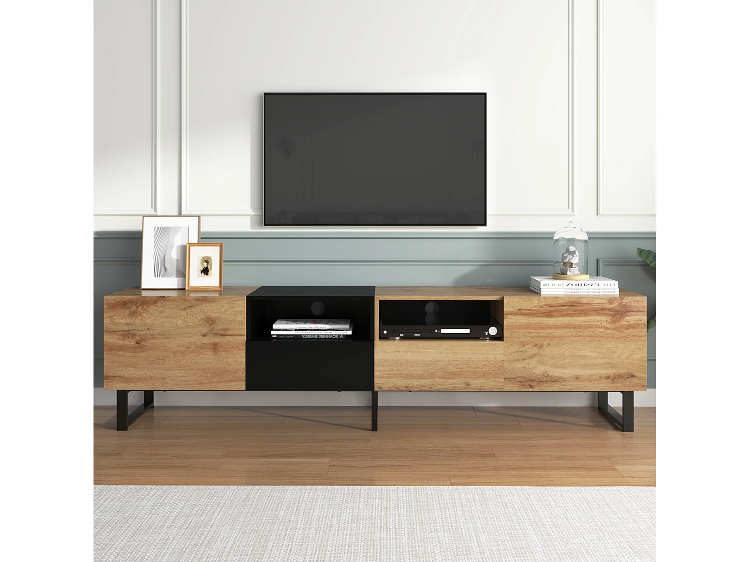 Meuble TV Bois, 2 Portes et 2 Tiroirs, Rangement pour Salon Chambre, 190x38x48 cm, Bois et Noir