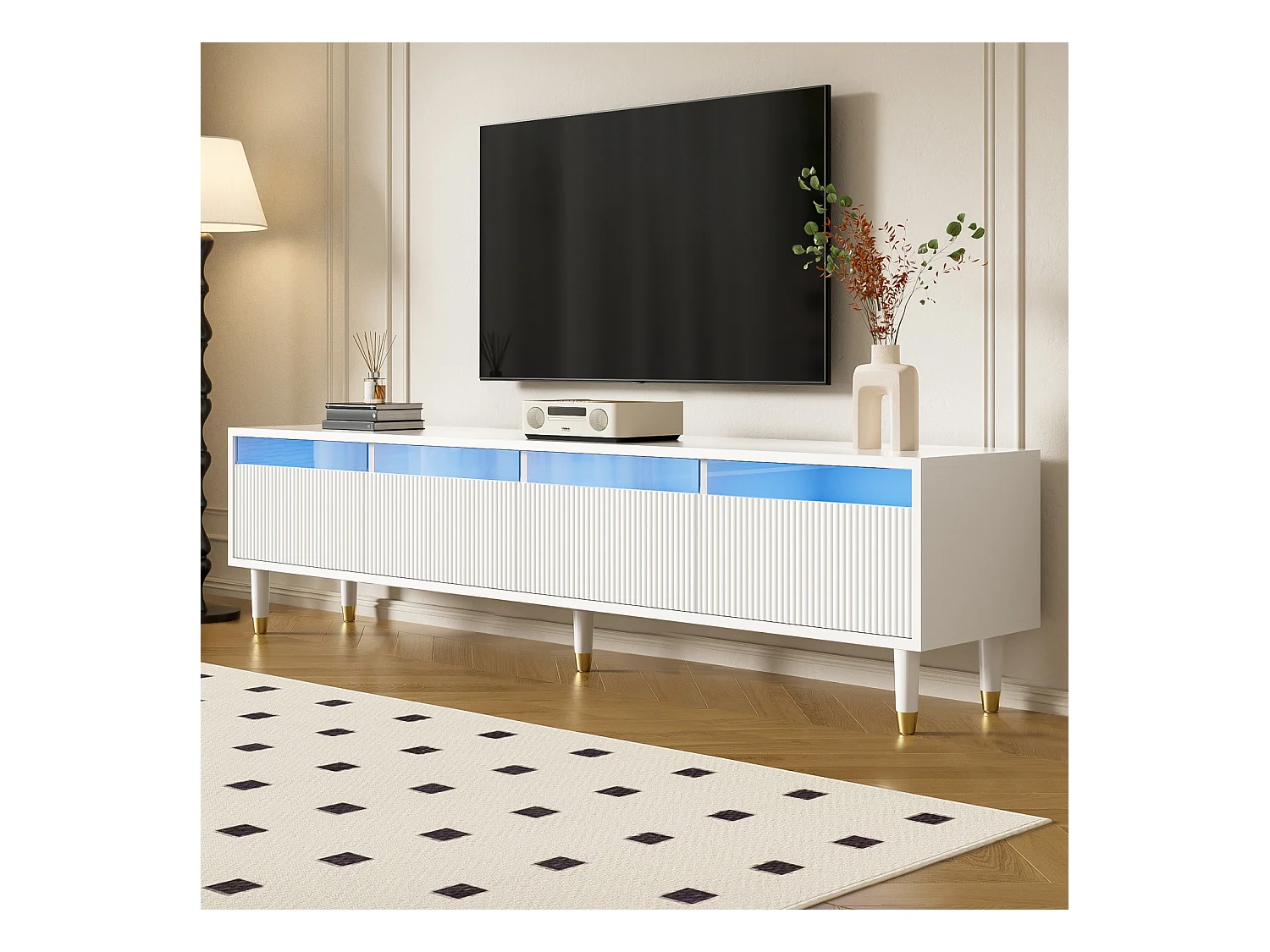 Mueble de TV moderno de 178 cm, gran capacidad de almacenaje, 4 cajones, MDF y acrílico, ideal para salón, color blanco