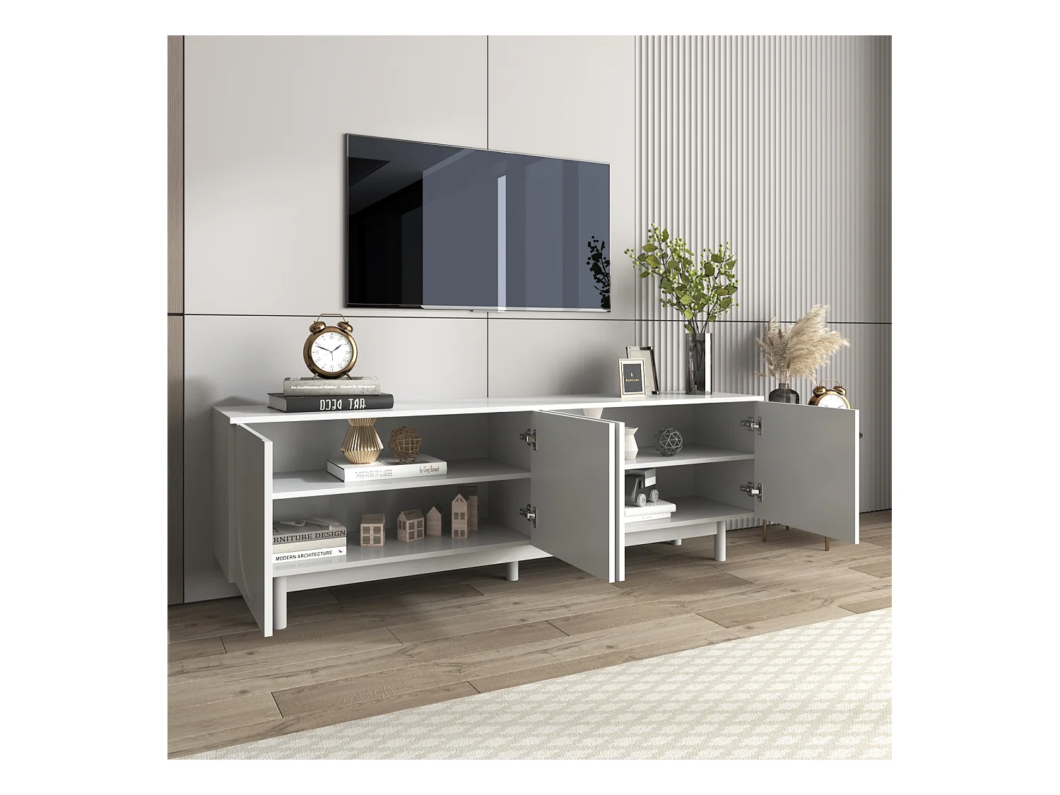 Mueble de TV con divisiones ajustables, para salón, comedor y dormitorio, blanco, 175 x 38 x 56 cm