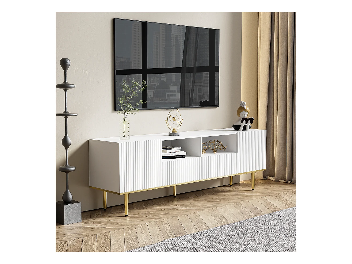 Mueble de TV bajo con 2 cajones y 2 puertas, espacio de almacenamiento con patas y borde dorados, mueble de TV blanco