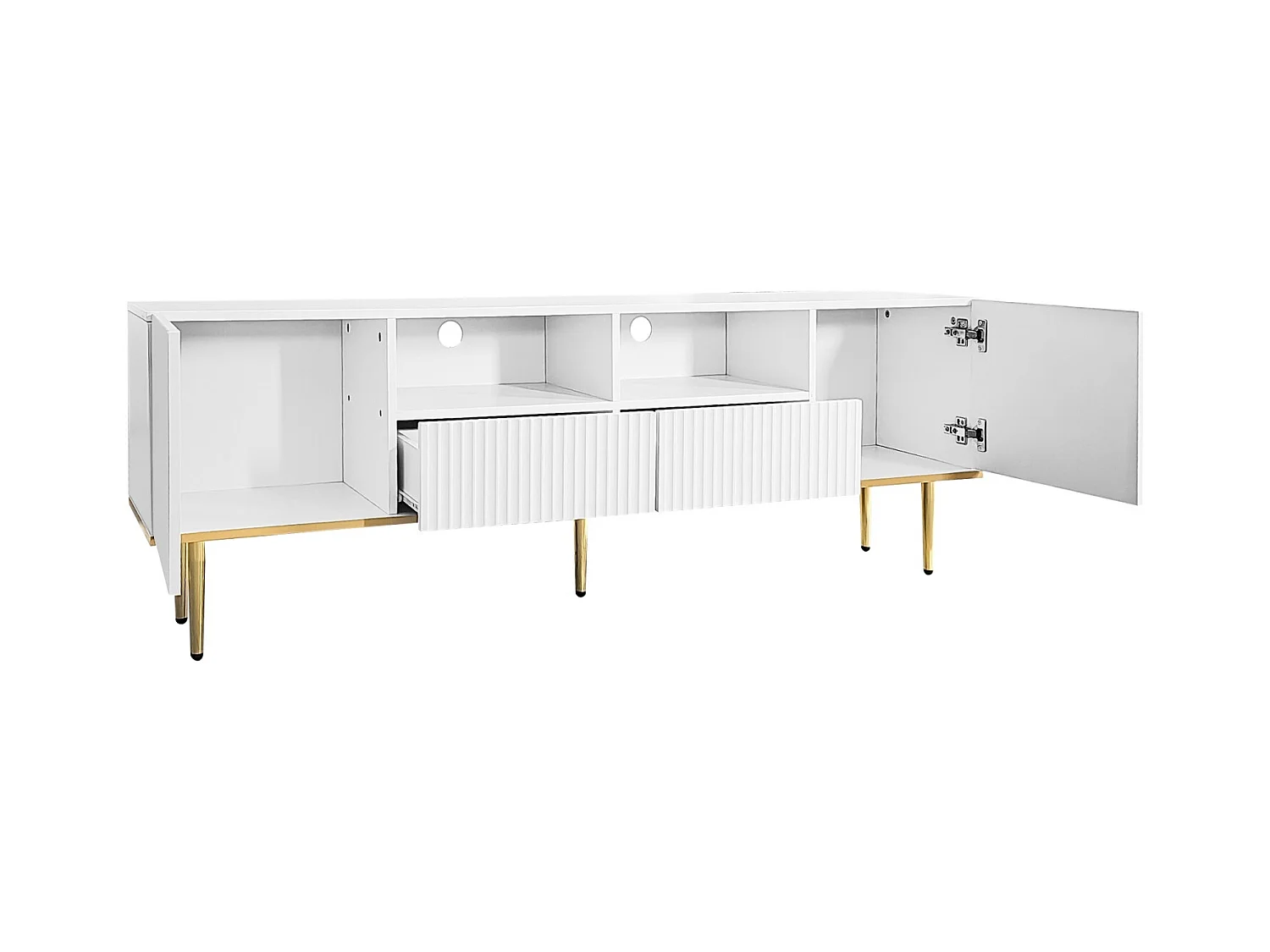 Mueble de TV bajo con 2 cajones y 2 puertas, espacio de almacenamiento con patas y borde dorados, mueble de TV blanco