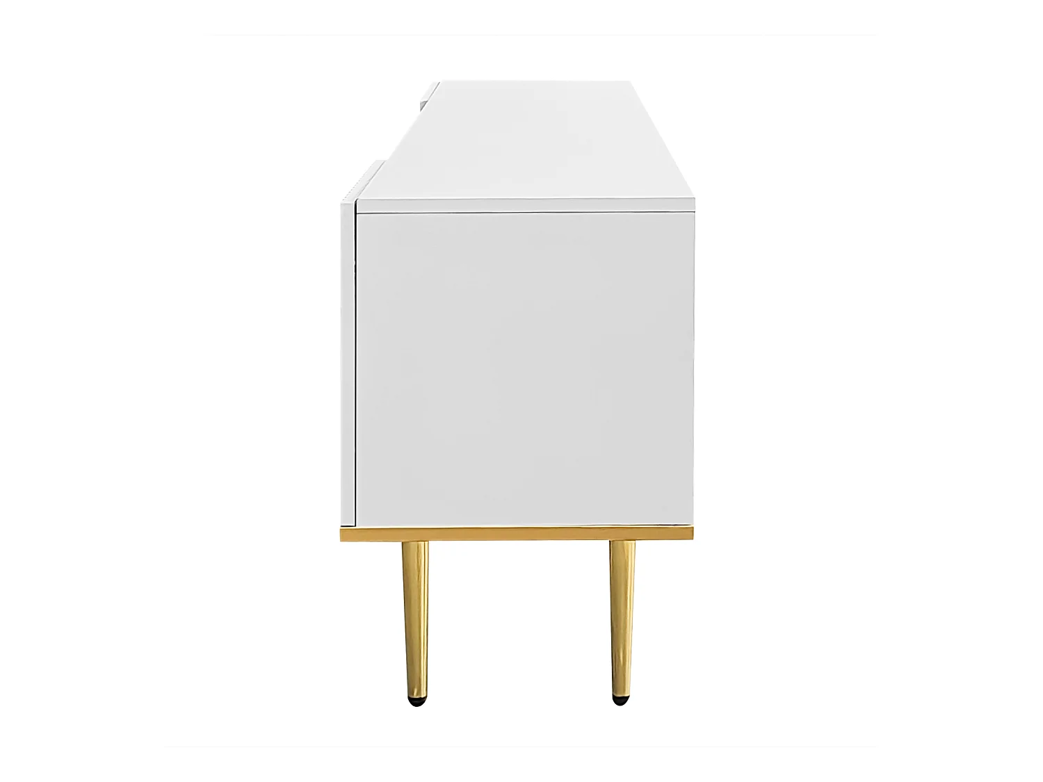 Mueble de TV bajo con 2 cajones y 2 puertas, espacio de almacenamiento con patas y borde dorados, mueble de TV blanco